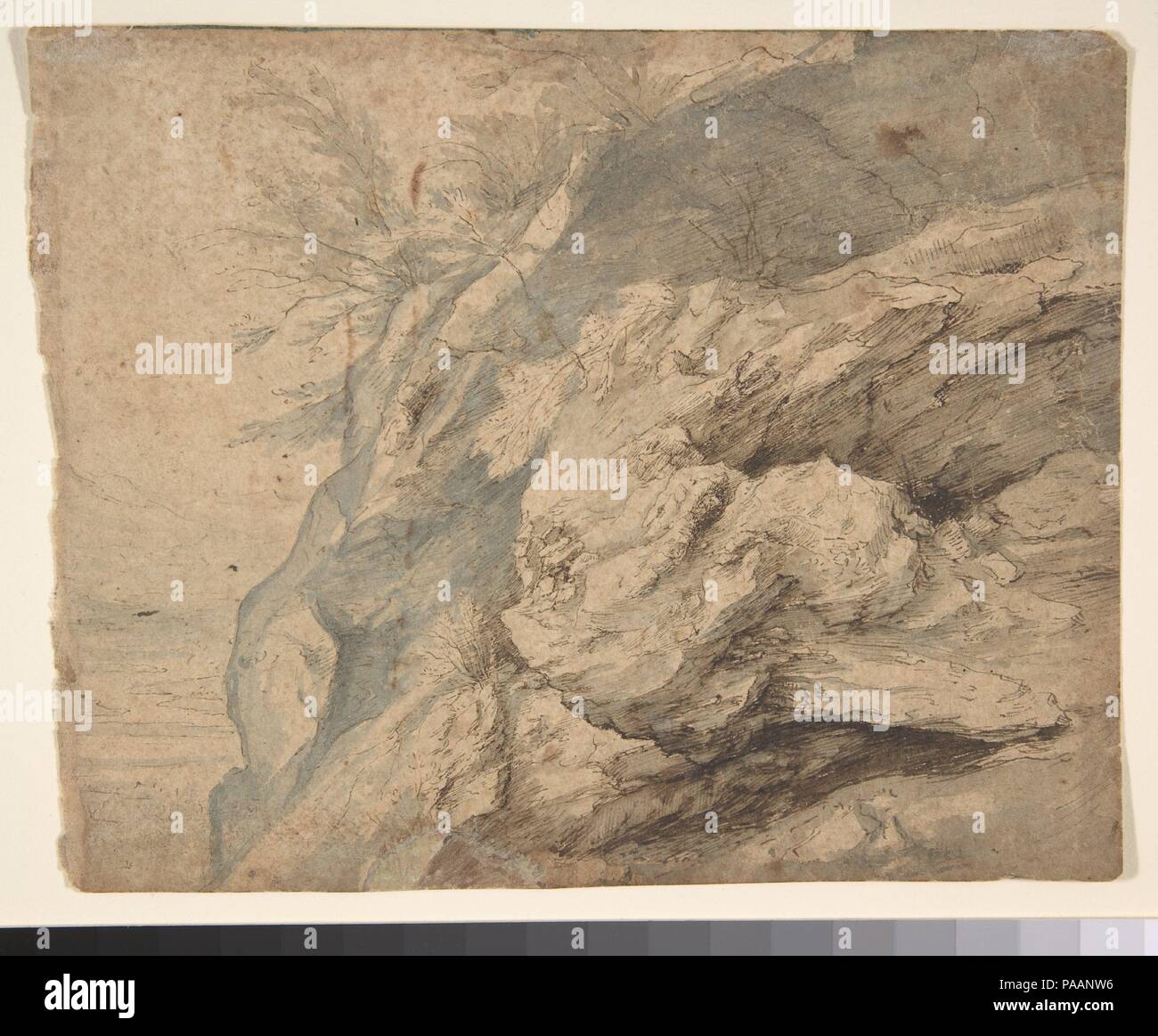 Studio del lato di una scogliera rocciosa (recto); Dam su un torrente di montagna (verso). Artista: Paulus Willemsz. van Vianen (Netherlandish, Utrecht ca. 1570-ca. 1613/14 Praga). Dimensioni: 5 3/8 x 7 in. (13,7 x 17,8 cm). Data: 1600-1605. Museo: Metropolitan Museum of Art di New York, Stati Uniti d'America. Foto Stock