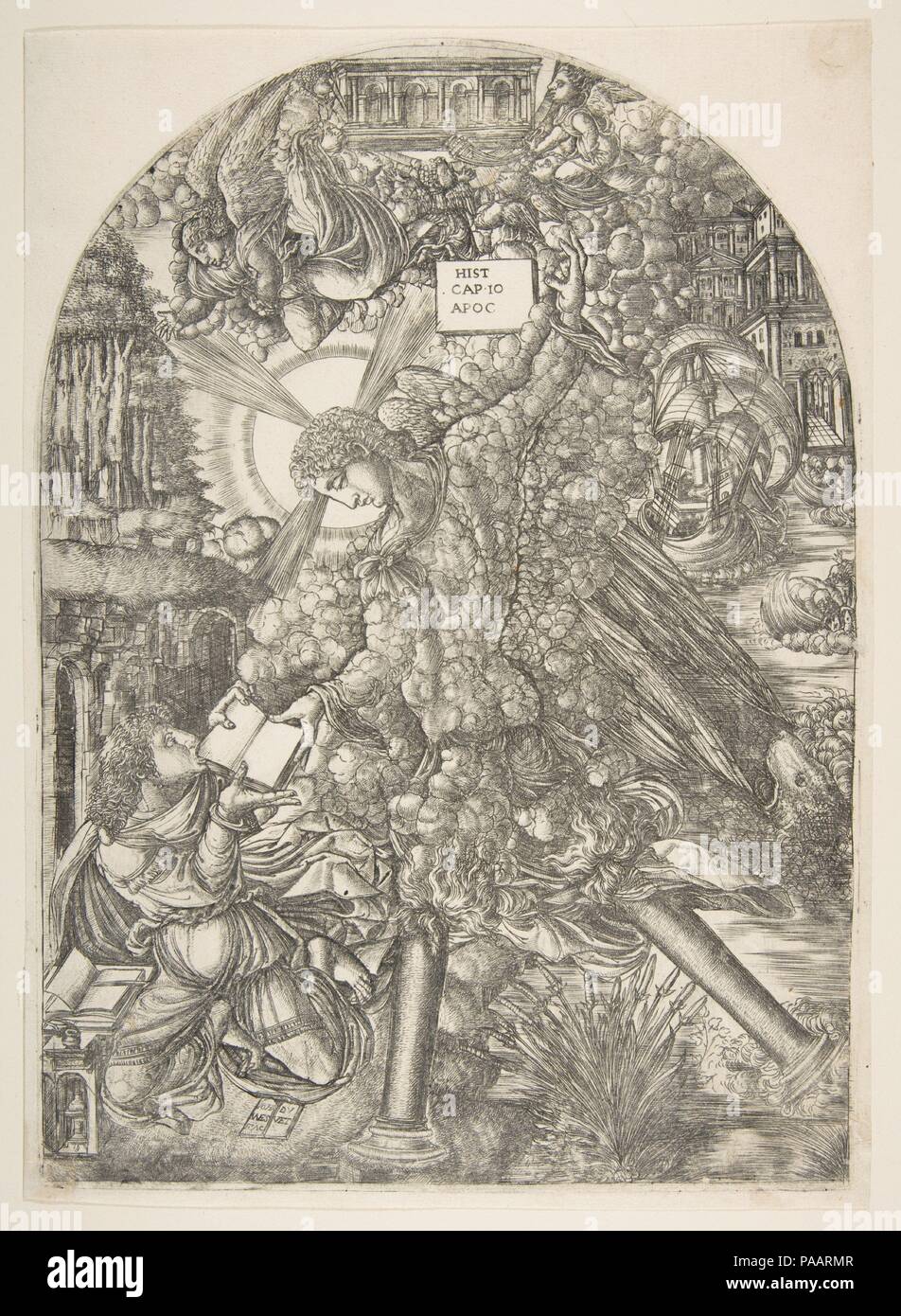 L'Angelo dà san Giovanni il libro per mangiare, dall'Apocalisse. Artista: Jean Piumino (francese, ca. 1485-dopo il 1561). Dimensioni: piastra: 12 1/16 x 8 9/16 in. (30,6 x 21,7 cm) foglio: 12 5/16 x 8 7/8 in. (31,2 x 22,5 cm). Data: n.d.. Museo: Metropolitan Museum of Art di New York, Stati Uniti d'America. Foto Stock