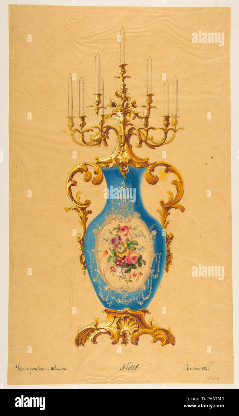 Design per un candelabri in porcellana. Artista: Anonimo, francese del XIX secolo. Dimensioni: foglio: 17 5/8 x 10 5/8 in. (44,8 x 27 cm). Data: del XIX secolo. Museo: Metropolitan Museum of Art di New York, Stati Uniti d'America. Foto Stock