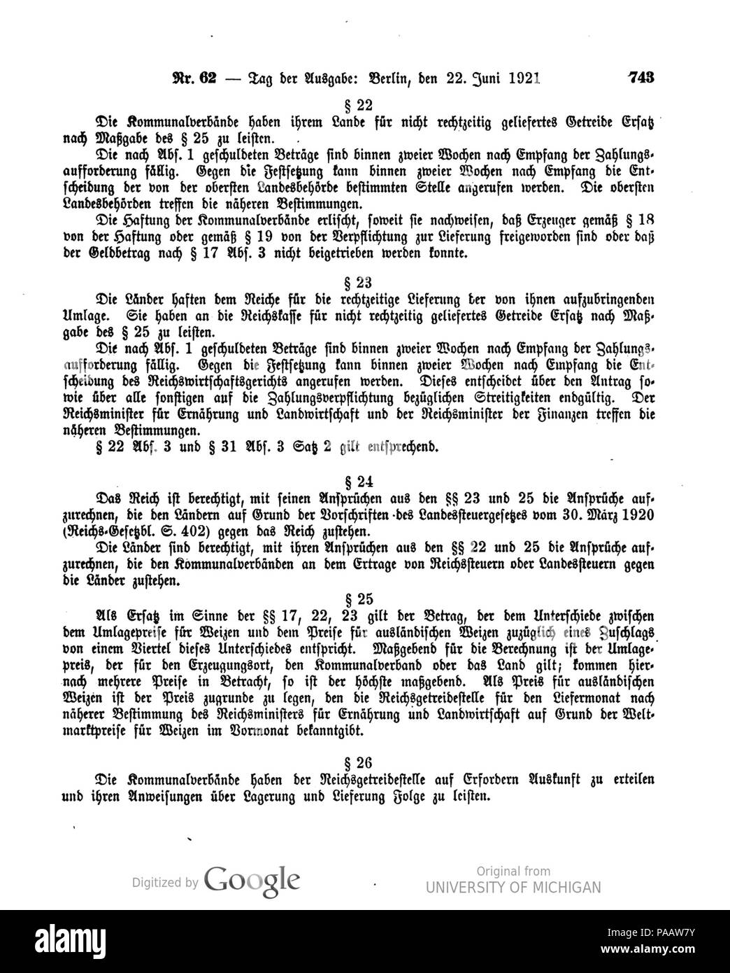 515 Deutsches Reichsgesetzblatt 1921 062 0743 Foto Stock