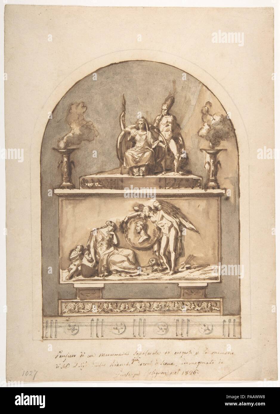 Design per un monumento sepolcrale diviso in due parti con bassorilievi e sormontata da statue e decorazioni Foliate qui di seguito. Artista: Guiseppe Colignon (Collignon) (italiano, Castelnuovo Berardenga Siena Firenze 1778-1863). Dimensioni: foglio: 13 5/16 x 9 9/16 in. (33,8 x 24,3 cm). Data: 1826. Museo: Metropolitan Museum of Art di New York, Stati Uniti d'America. Foto Stock