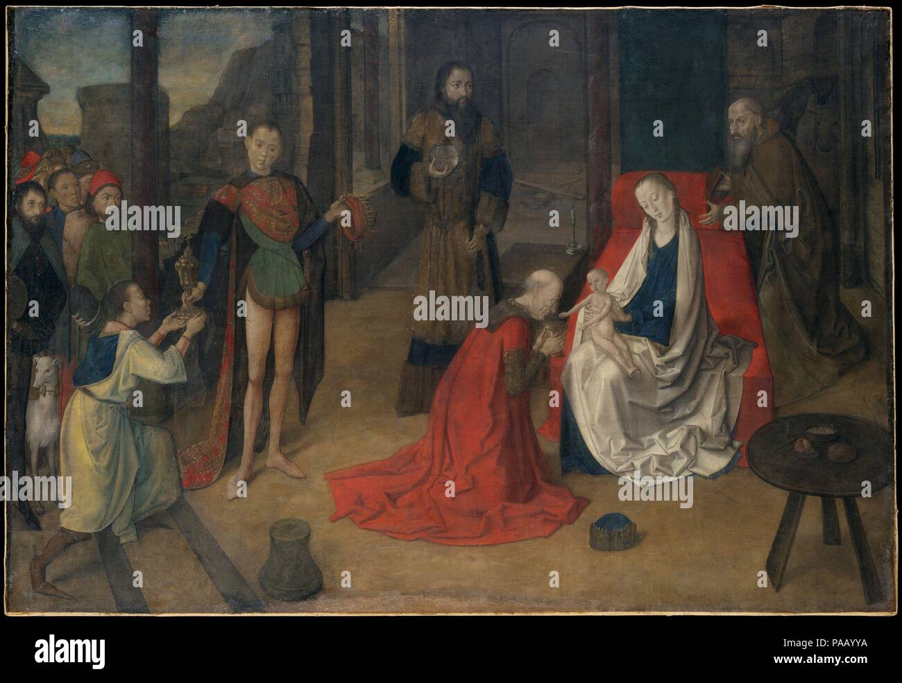 L Adorazione dei Magi. Artista: Justus di Gand (Joos van Wassenhove) (Netherlandish, attivo dal 1460-morta ca. 1480). Dimensioni: 43 x 63 in. (109,2 x 160 cm). Data: ca. 1465. Questo <i>adorazione</i> (o Epifania) è solo una delle due opere sopravvissute Justus di Gand dipinto prima di andare in Italia nel 1469 per lavorare per Federico da Montefeltro, duca di Urbino. La sua composizione può un debito di opere contemporanee. Eventualmente commissionato per un convento vicino a Burgos, Spagna, l'immagine è dipinta su tela e potrebbe quindi essere arrotolato per un facile trasporto. Il subì la tonalità e la superficie opaca sono dovute a g Foto Stock