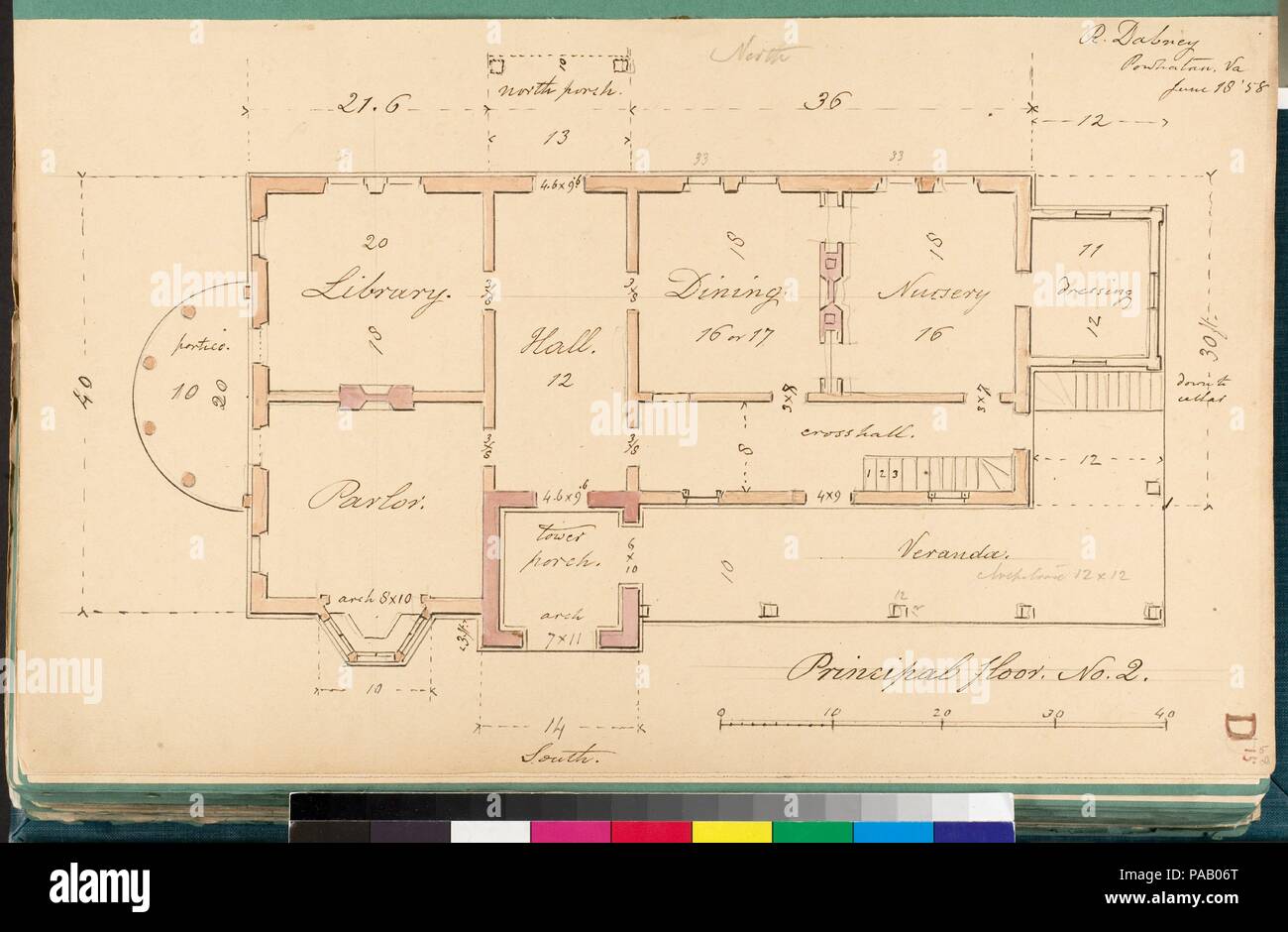 Casa per R. Dabney, Powhatan, Virginia (piano di pavimento principale). Artista: Alexander Jackson Davis (American, New York 1803-1892 di West Orange, New Jersey). Dimensioni: foglio: 8 1/4 x 13 15/16 in. (21 x 35,4 cm). Data: 18 giugno 1858. Museo: Metropolitan Museum of Art di New York, Stati Uniti d'America. Foto Stock