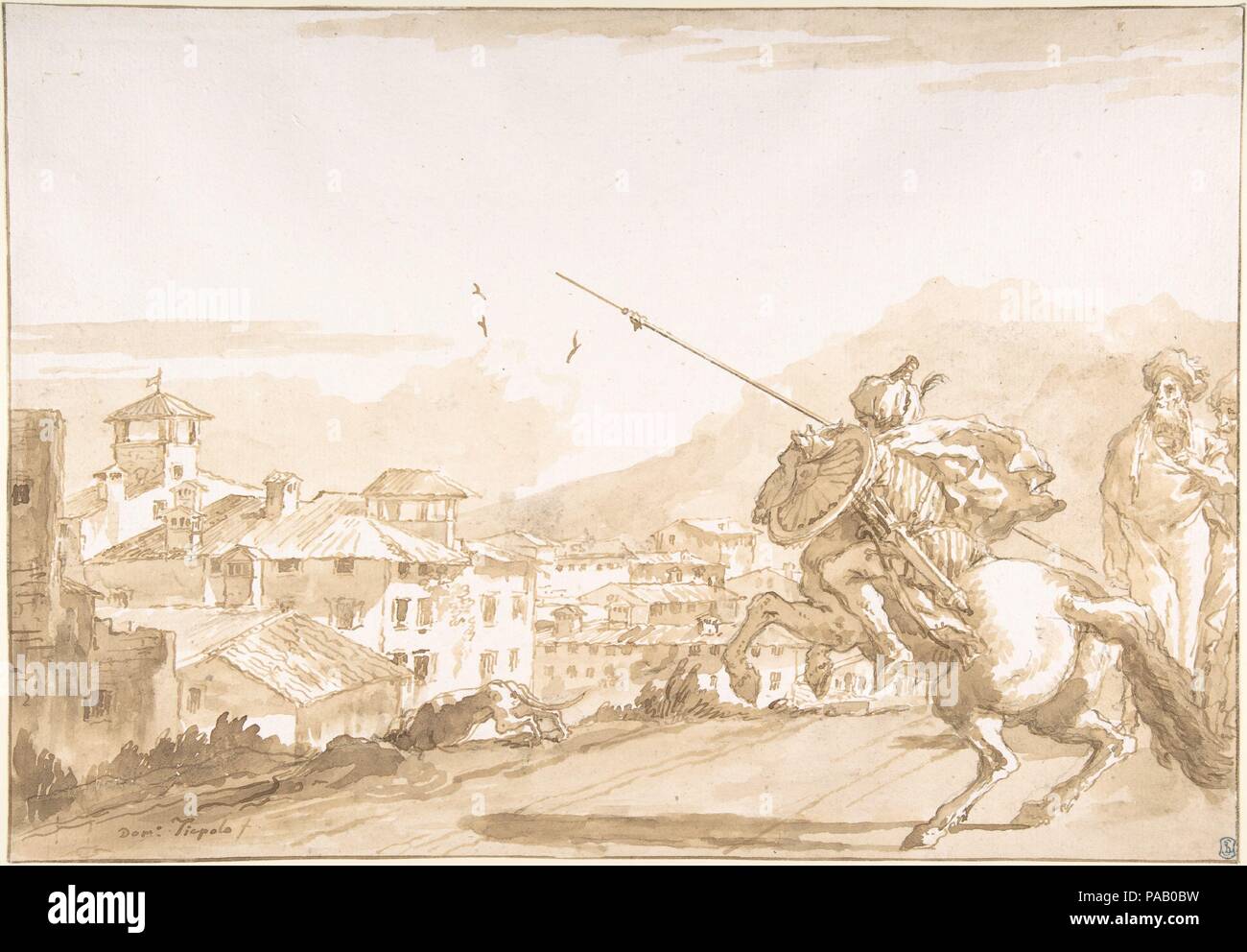 Bagno turco Lancer e curiosi che si avvicinano ad un comune. Artista: Giovanni Domenico Tiepolo (Italiano, 1727-1804 Venezia Venezia). Dimensioni: Telaio: 18 x 24 in. (45,7 x 61 cm) foglio: 11 1/4 x 16 3/16 in. (28,5 x 41,1 cm). Data: 1760-70. Questo foglio appartiene a un gruppo di disegni del pittore veneziano Giovanni Domenico Tiepolo dei Turchi Ottomani cavalieri e chieftains equitazione o di riposo in paesaggi idilliaci, accompagnato da arbusti assistenti rivestito. Tiepolo le composizioni riflettono in genere artistico contemporaneo e di gusto letterario di Venezia per i racconti di esotico romanticismo orientale. Museo: Metropolitan Foto Stock