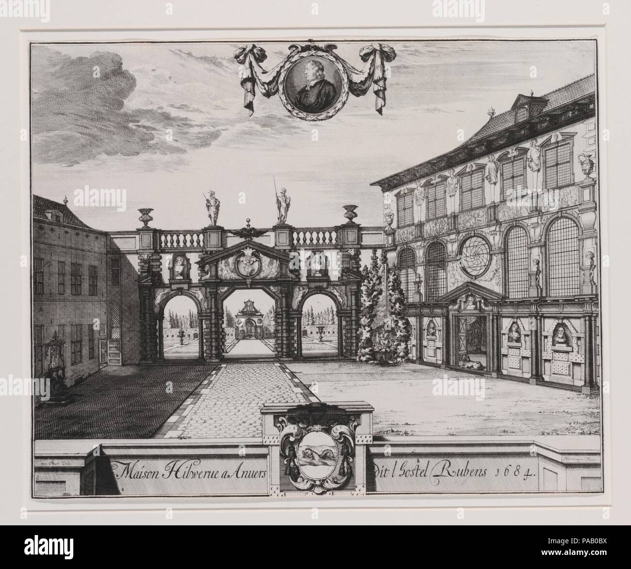 Vista del giardino del Rubenshuis di Anversa. Artista: incisi da Jacobus Harrewijn (Olandese, 1660-dopo il 1732); dopo J. van Croes. Dimensioni: piastra: 11 5/16 x 14 1/16 in. (28,7 x 35,7 cm). Data: 1675-1732. Museo: Metropolitan Museum of Art di New York, Stati Uniti d'America. Foto Stock