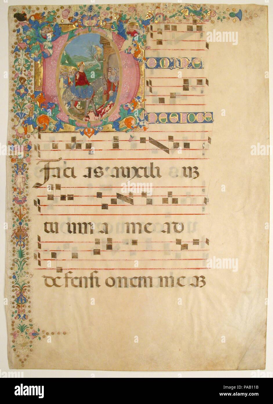 Manoscritto foglie con entrata in Gerusalemme la Domenica delle Palme in una iniziale D, da una graduale. Artista: Bartolomeo di Domenico di Guido (Italiano, 1430-1521). Cultura: Italiano. Dimensioni: complessivo: 28 1/4 x 19 15/16 in. (71,7 x 50,7 cm) Illuminazione: 8 7/16 x 8 7/16 in. (21,5 x 21,5 cm) Mat dimensioni: 37 x 28 1/8 in. (94 x 71,5 cm) Mat finestra: 27 3/8 x 18 15/16 in. (69,6 x 48,1 cm). Data: XV-XVI secolo. Museo: Metropolitan Museum of Art di New York, Stati Uniti d'America. Foto Stock
