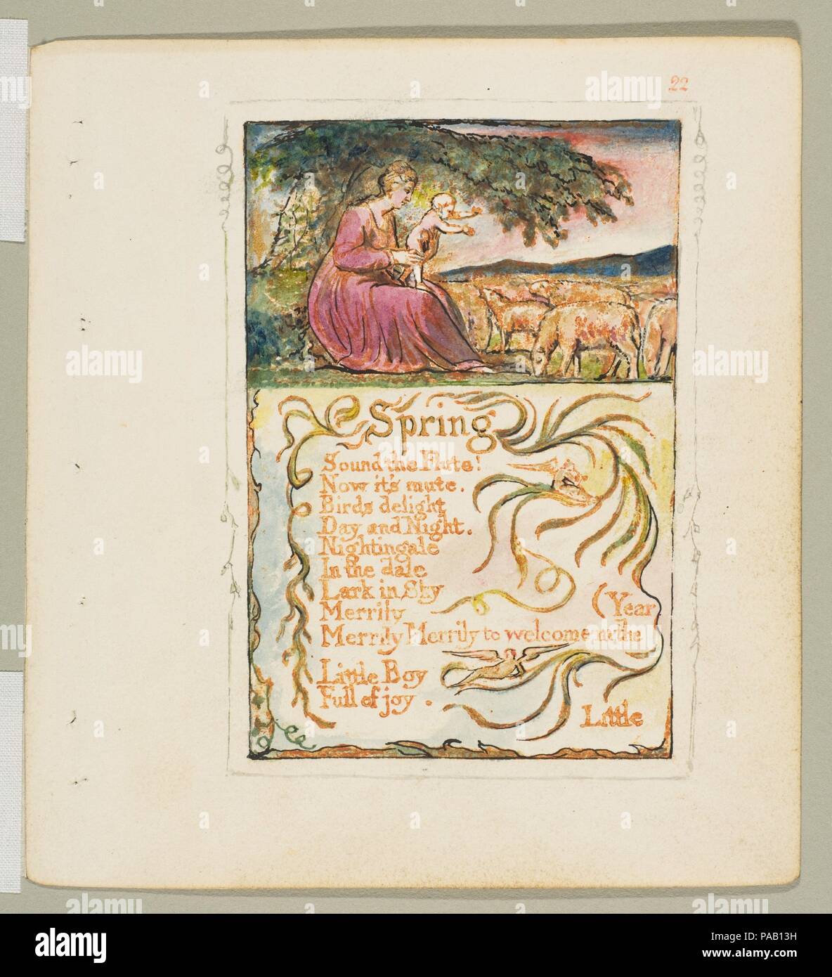 Canti di innocenza e di esperienza: la primavera. Artista: William Blake (British, Londra Londra 1757-1827). Dimensioni: foglio: 6 3/16 x 5 9/16 in. (15,7 x 14,1 cm). Data: ca. 1825. Museo: Metropolitan Museum of Art di New York, Stati Uniti d'America. Foto Stock
