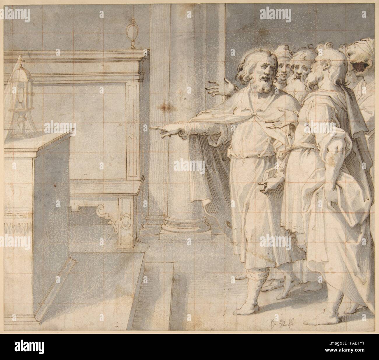 Un maschio di Saint seguita da un gruppo di uomini, puntando a un ostensorio su un altare. Artista: Giovanni Battista Trotti ('Il Malosso") (italiano, Cremona 1556-1619 Parma). Dimensioni: 9 3/4 x 11a. (24,8 x 28 cm). Data: 1555-1619. Museo: Metropolitan Museum of Art di New York, Stati Uniti d'America. Foto Stock