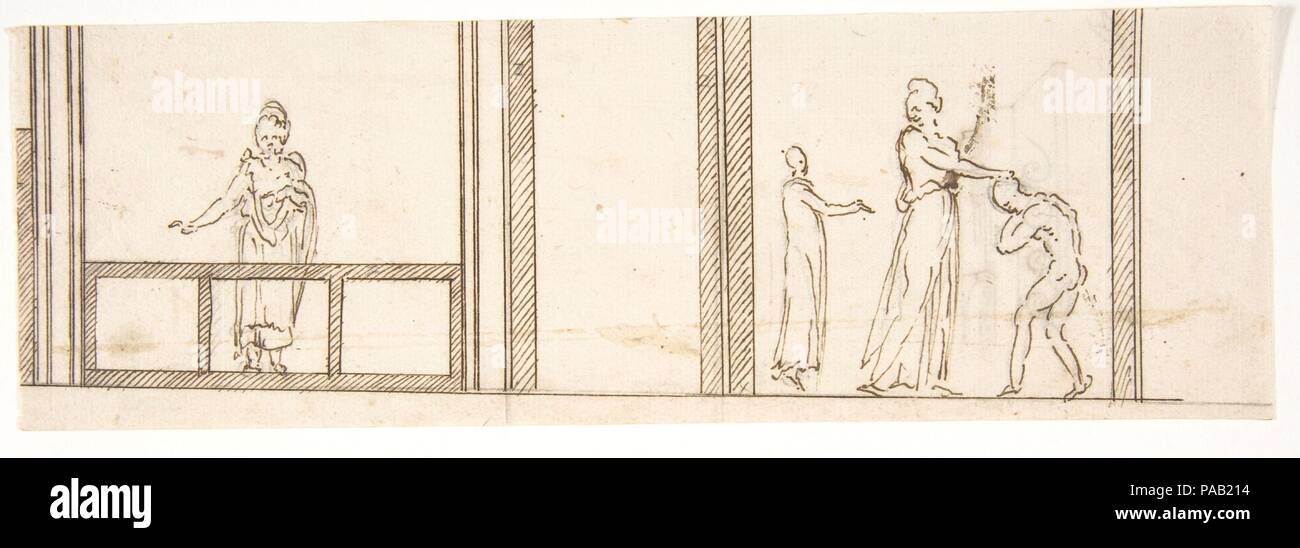 Edificio non identificato, a soffitto o a parete, fregio verniciato o pannelli decorativi (recto) edificio non identificato, cornice (verso). Dimensioni: foglio: 3 1/8 x 9 9/16 in. (8 x 24,3 cm). Relatore per parere: disegnato da anonimo, francese, del XVI secolo. Serie/Portfolio: Goldschmidt Scrapbook. Data: inizio alla metà del XVI secolo. Museo: Metropolitan Museum of Art di New York, Stati Uniti d'America. Foto Stock