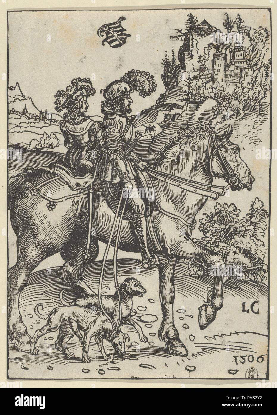 Gentleman e Lady in sella alla caccia. Artista: Lucas Cranach il Vecchio (tedesco, Kronach 1472-1553 Weimar). Dimensioni: foglio: 6 15/16 × 4 15/16 in. (17,6 x 12,5 cm). Museo: Metropolitan Museum of Art di New York, Stati Uniti d'America. Foto Stock