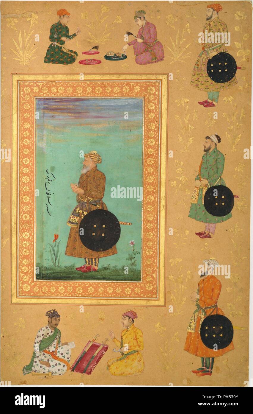 Ritratto di Islam Khan Mashhadi. Artista: Payag (indiano, active ca. 1591-1658). Dimensioni: 15 x 9 13/16a. (38,1 x 24.9cm). Data: del xvii secolo. Ritratti di imperatori, le loro famiglie e altre figure importanti sono state raccolte in album imperiale di Mughal in India; questo lavoro era originariamente parte del tardo Shah Jahan Album. Identificate nel testo alla sua sinistra, Islam Khan Mashhadi, un visir che ha servito sotto l'imperatore come il governatore del Bengala e del Deccan, è mostrata in profilo con uno scudo al suo fianco. Indossa abiti raffinati con distintamente patterning Mughal e porta oggetti da aulico l Foto Stock