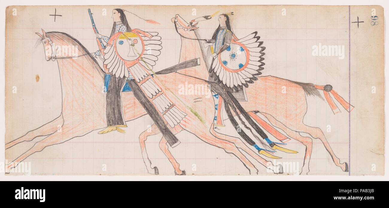 Off alla guerra (Henderson Ledger artista B). Artista: Frank Henderson (nativo americano, Hinono'eiteen (Arapaho), 1862-1885). Cultura: Arapaho. Dimensioni: H. 5 3/8 x W. 11-7/8 in.. Data: ca. 1882. Museo: Metropolitan Museum of Art di New York, Stati Uniti d'America. Foto Stock