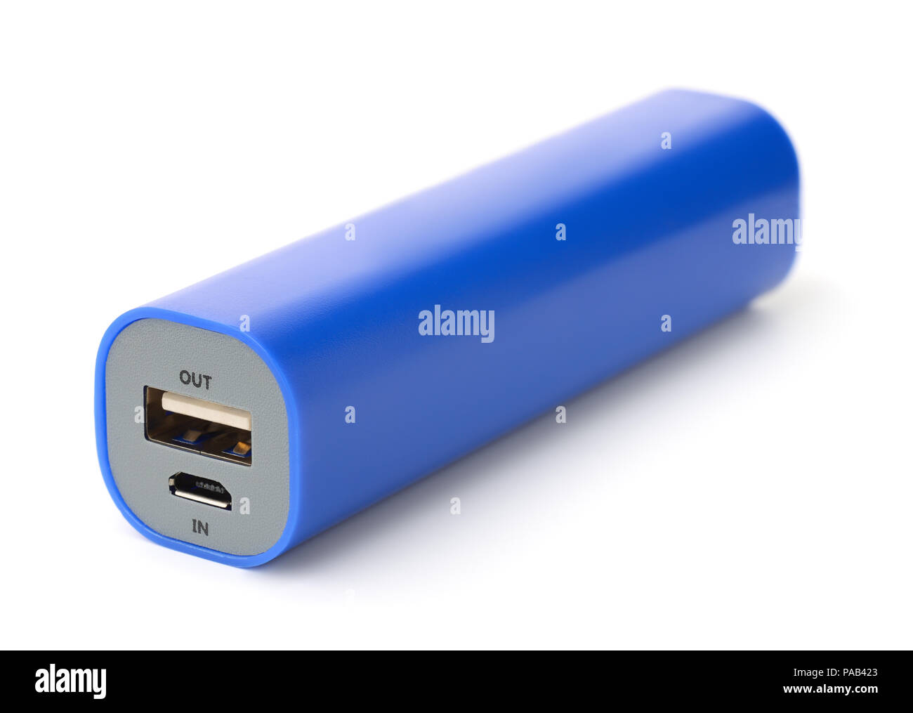 Blue portable power bank isolato su bianco Foto Stock