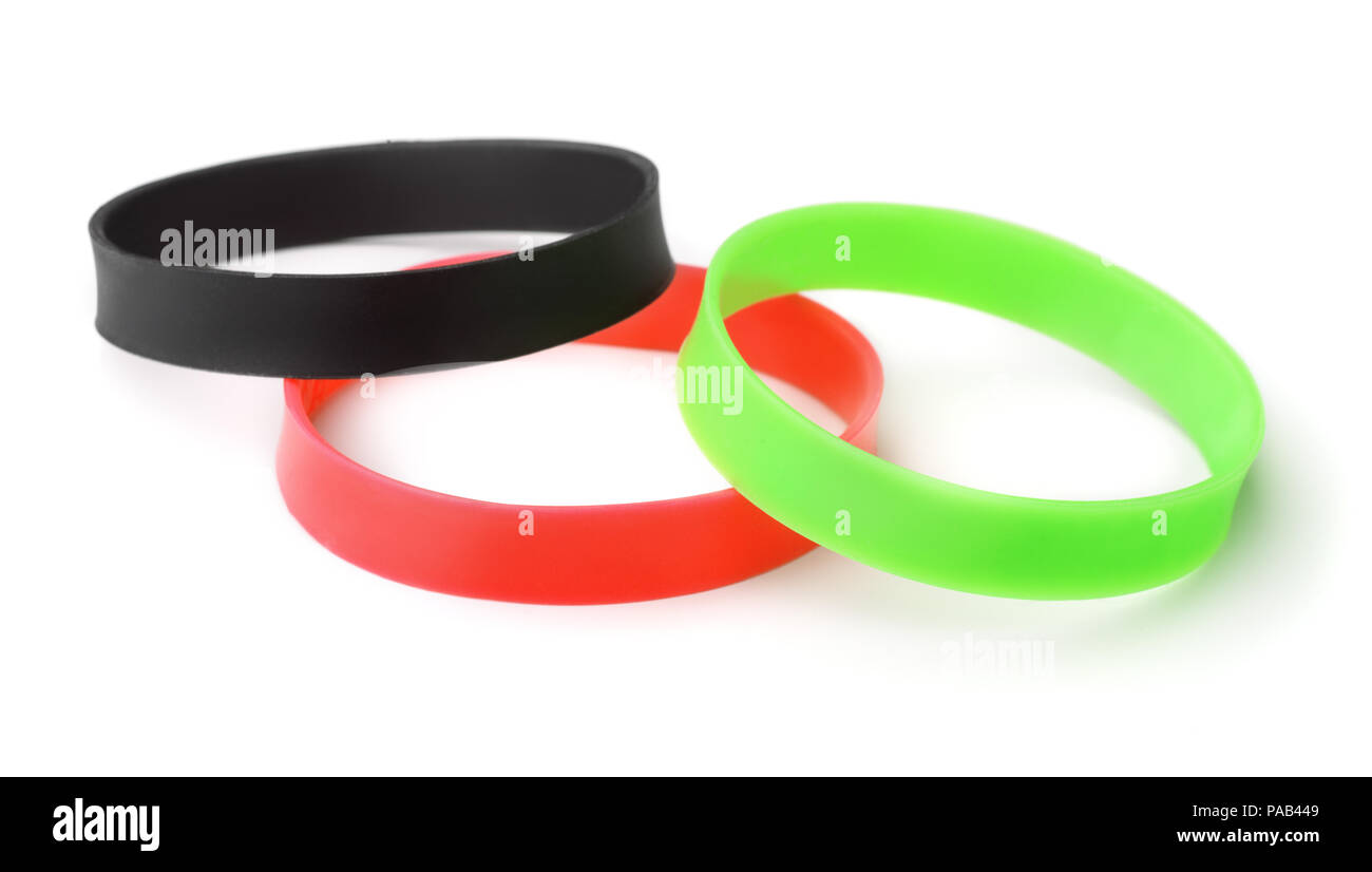 Promo di gomma bracciali isolato su bianco Foto Stock