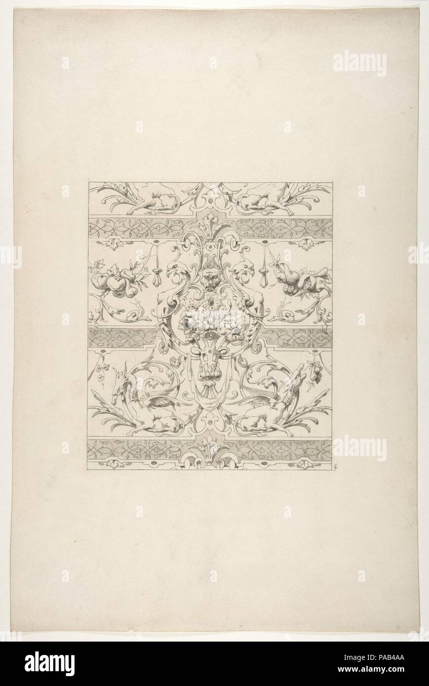 Design per un motivo decorativo dotato di grifoni e festoni di frutta. Artista: Jules-Edmond-Charles Lachaise (francese, morto 1897); Eugène-Pierre Gourdet (francese nato a Parigi, 1820-1889). Dimensioni: complessivo: 19 3/8 x 12 5/8 in. (49,2 x 32,1 cm). Data: 1830-97. Museo: Metropolitan Museum of Art di New York, Stati Uniti d'America. Foto Stock