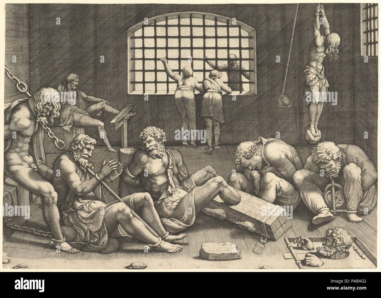 La prigione; un gruppo di uomini in un dungeon legati in catene e manette; a destra una figura appeso le sue braccia, legato a un masso. Artista: Anonimo; dopo Giulio Romano (Italiano, Roma 1499?-1546 Mantova). Dimensioni: piastra: 10 1/4 x 14 3/16 in. (26 x 36 cm) rifilato in seno ai limiti di norma. Ex attribuzione: precedentemente attribuito a Giorgio Ghisi (italiano, Mantova ca. 1520-1582 Mantova). Data: n.d.. Museo: Metropolitan Museum of Art di New York, Stati Uniti d'America. Foto Stock