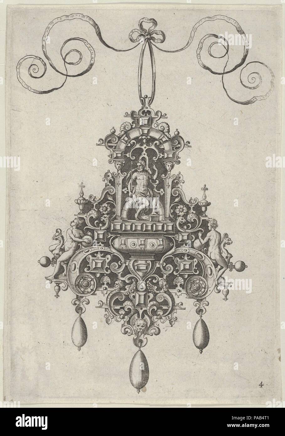 Design pendente con Marte seduto sotto un arco. Artista: Jan Collaert I (Netherlandish, Antwerp ca. 1530-1581 Anversa). Dimensioni: foglio: 6 15/16 × 4 13/16 in. (17,7 × 12,2 cm). Serie/Portfolio: Progetta per ciondoli I. Data: dopo il 1581. Pannello verticale con un ciondolo design al centro, con Marte seduto sotto un arco contro un sfondo strapwork al centro. In corrispondenza dei lati dell'ornamento, figure femminili tenere su elementi strapwork, con quella a destra visto da dietro. Piastra 4 da una serie di dieci piastre con pendente progetta, con dieties strapwork e sfondi. La prima edizione del ser Foto Stock