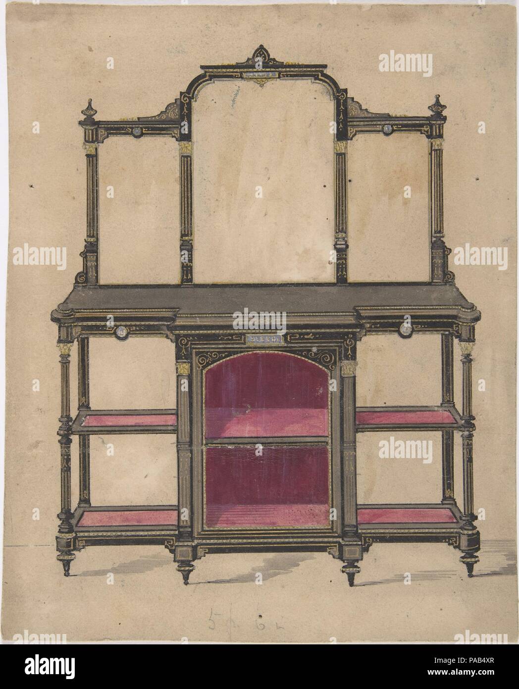 Design per un armadio con ripiani e specchi. Artista: Anonimo, britannici del XIX secolo. Dimensioni: foglio: 8 11/16 x 6 15/16 in. (22 x 17,7 cm). Data: del XIX secolo. Museo: Metropolitan Museum of Art di New York, Stati Uniti d'America. Foto Stock