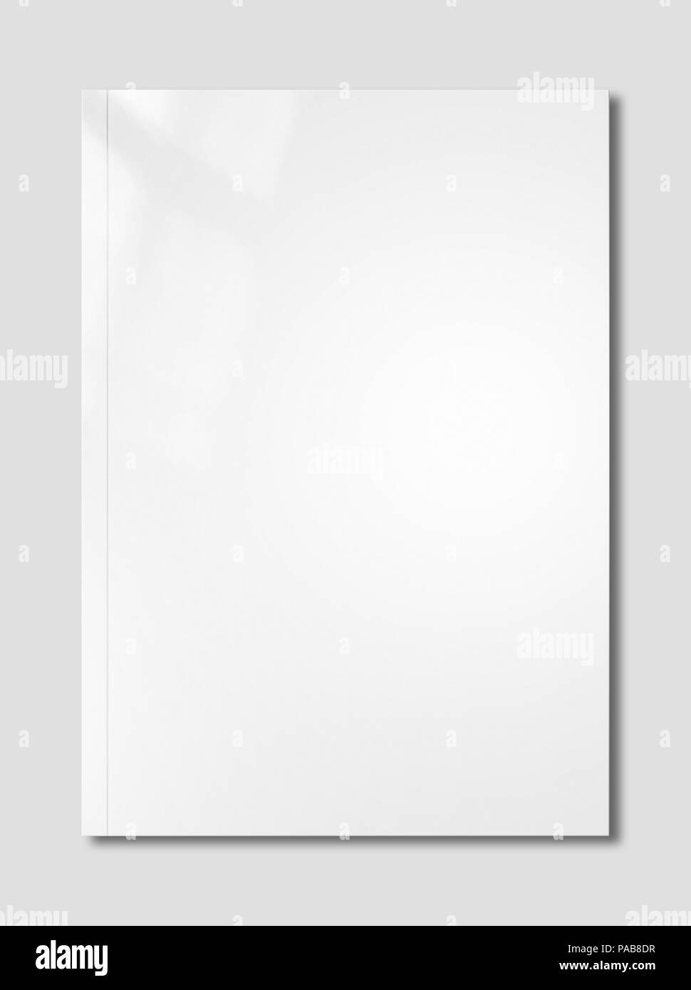 White Copertina booklet isolata su uno sfondo grigio, mockup modello Foto Stock
