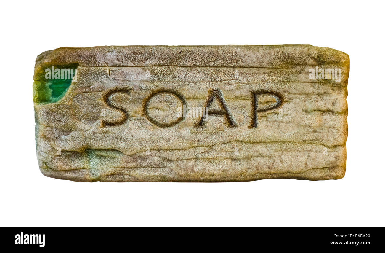 Isolato Vintage Bar o torta di sapone con la parola sapone goffrato Foto Stock