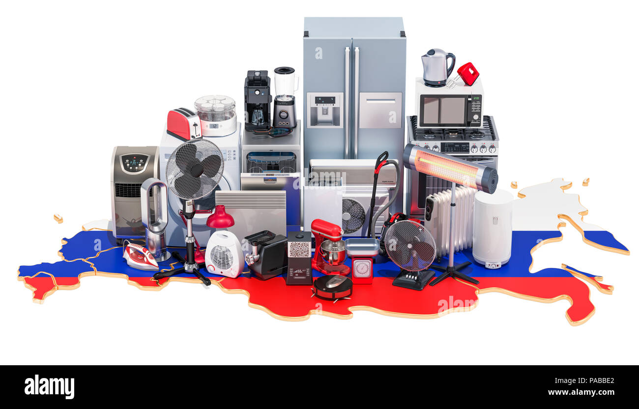 Mappa di Russia con la casa e la cucina elettrodomestici, 3D rendering isolati su sfondo nero Foto Stock