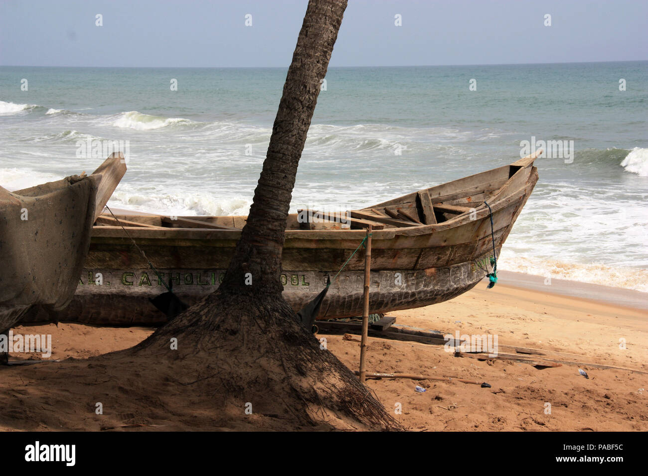 Barca da pesca ad una palma e alberato spiaggia vicino a Cape Coast, in Ghana Foto Stock