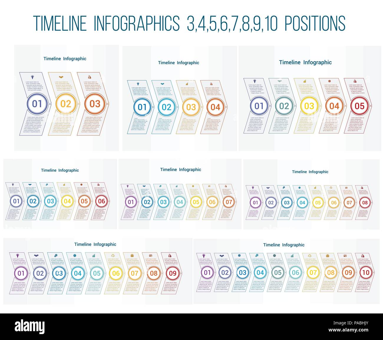 Set 8 modelli, sequenze temporali di colorate frecce Infographics per attività concettuale processi ciclici a 3, 4, 5, 6, 7, 8, 9, 10 posizioni possibili per utilizzare Illustrazione Vettoriale