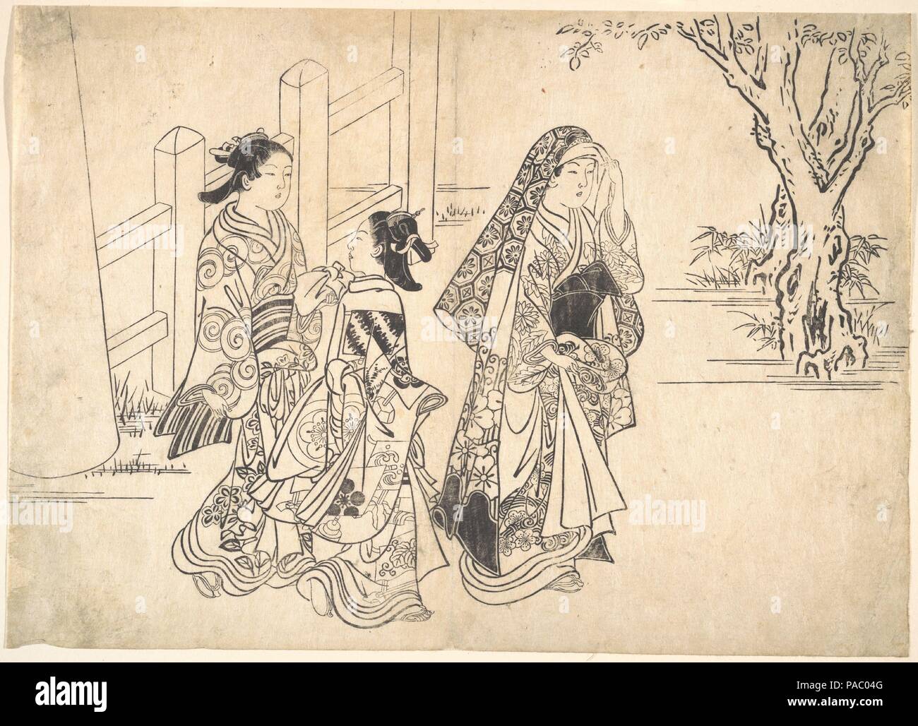 Una cortigiana seguita da due assistenti di ragazza. Artista: Nishikawa Sukenobu (giapponese, 1671-1750). Cultura: il Giappone. Dimensioni: 14 1/2 x 10 1/4 in. (36,8 x 26 cm). Data: 1671-1751. Museo: Metropolitan Museum of Art di New York, Stati Uniti d'America. Foto Stock