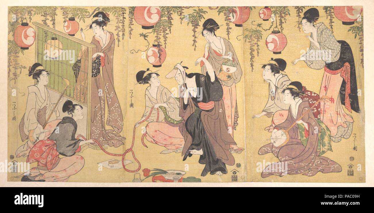 Una parodia di Yuranosuke nel piacere trimestri. Artista: Chobunsai Eishi (giapponese, 1756-1829). Cultura: il Giappone. Dimensioni: 14 3/8 x 30 in. (36,5 x 76,2 cm). Data: ca. 1797. Eishi, nato da una famiglia di samurai, studiato sotto Kano Eisen'in Sukenobu (1730-1790), la quinta generazione di testa Kobikicho, uno dei quattro accademie Kano in Edo. Egli era stato concesso il nome dell'artista di Eishi dagli shogun Tokugawa Ieharu. Yuranosuke, un eroe kabuki Kana-dehon Cho-ushingura, pone come un playboy per mostrare che non aveva nessuna intenzione di prendere la vendetta per il suo signore, che era stato costretto a commettere il suicidio. Museo: Metropolit Foto Stock