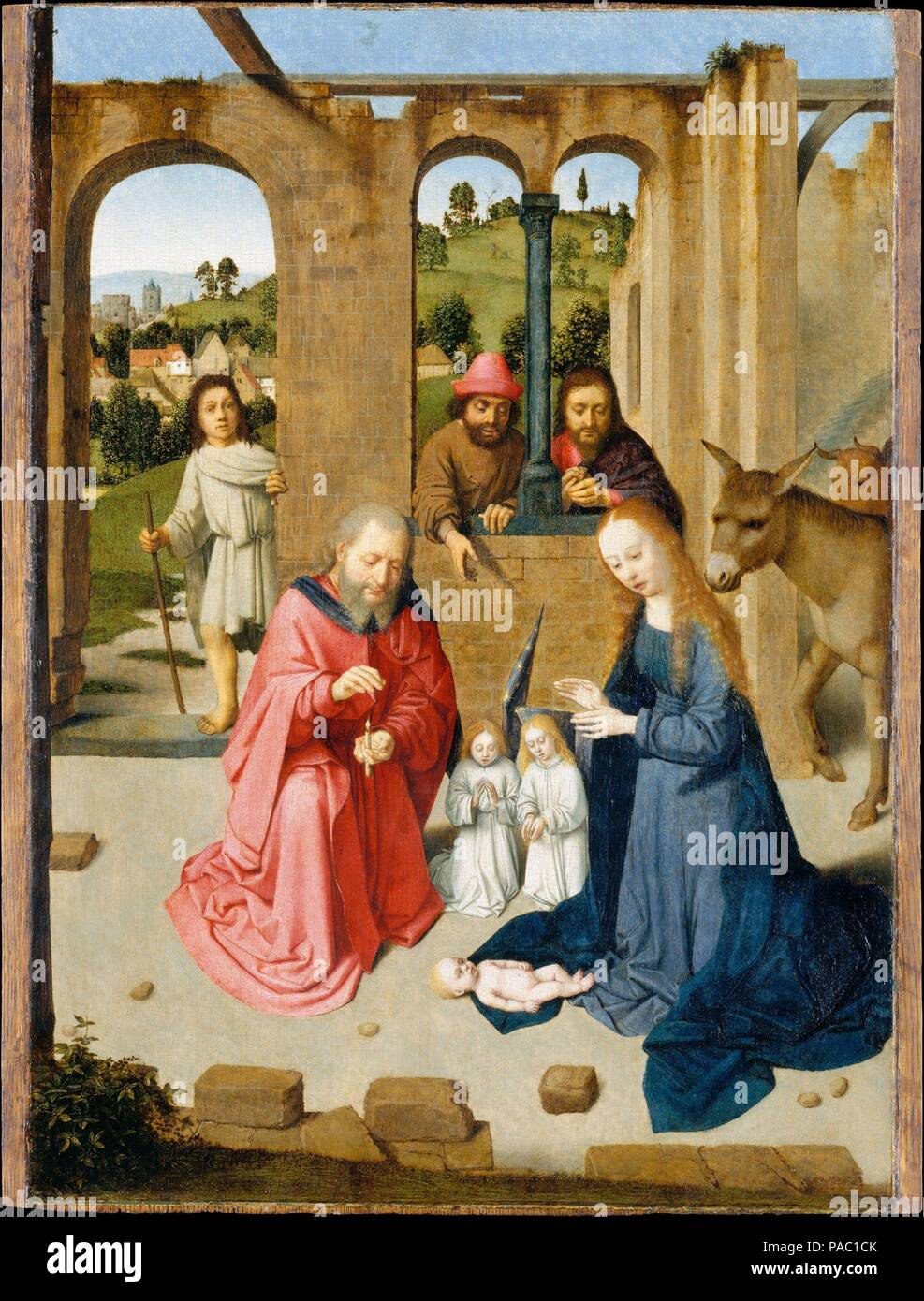 La natività. Artista: Gerard David (Netherlandish, Oudewater ca. 1455-1523 Bruges). Dimensioni: complessivamente 18 3/4 x 13 1/2 in. (47,6 x 34,3 cm), superfici verniciate 18 1/2 x 13 3/8 in. (47 x 34 cm). Data: primi 1480s. Questo dipinto, che molto probabilmente è stato inteso come un singolo privato pannello devozionale, combina la raffigurazione della Natività e adorazione dei pastori come descritto in entrambi biblica e letteratura mistica. Essa risale probabilmente fin dai primi 1480s, prima di David si è stabilito a Bruges. Gli accoglienti e ingenuo figura tipi e la semplificazione geometrica dei capi di Vir Foto Stock