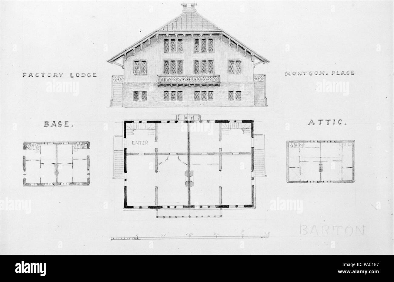 Svizzera[erland] Cottage (elevazione e tre piani), e fabbrica Lodge (elevazione e tre piani) per Montgomery Place, Annandale sullo Hudson, New York. Artista: Alexander Jackson Davis (American, New York 1803-1892 di West Orange, New Jersey). Dimensioni: foglio: 13 7/16 x 10 1/4 in. (34,2 x 26,1 cm). Data: 1866-67. Museo: Metropolitan Museum of Art di New York, Stati Uniti d'America. Foto Stock