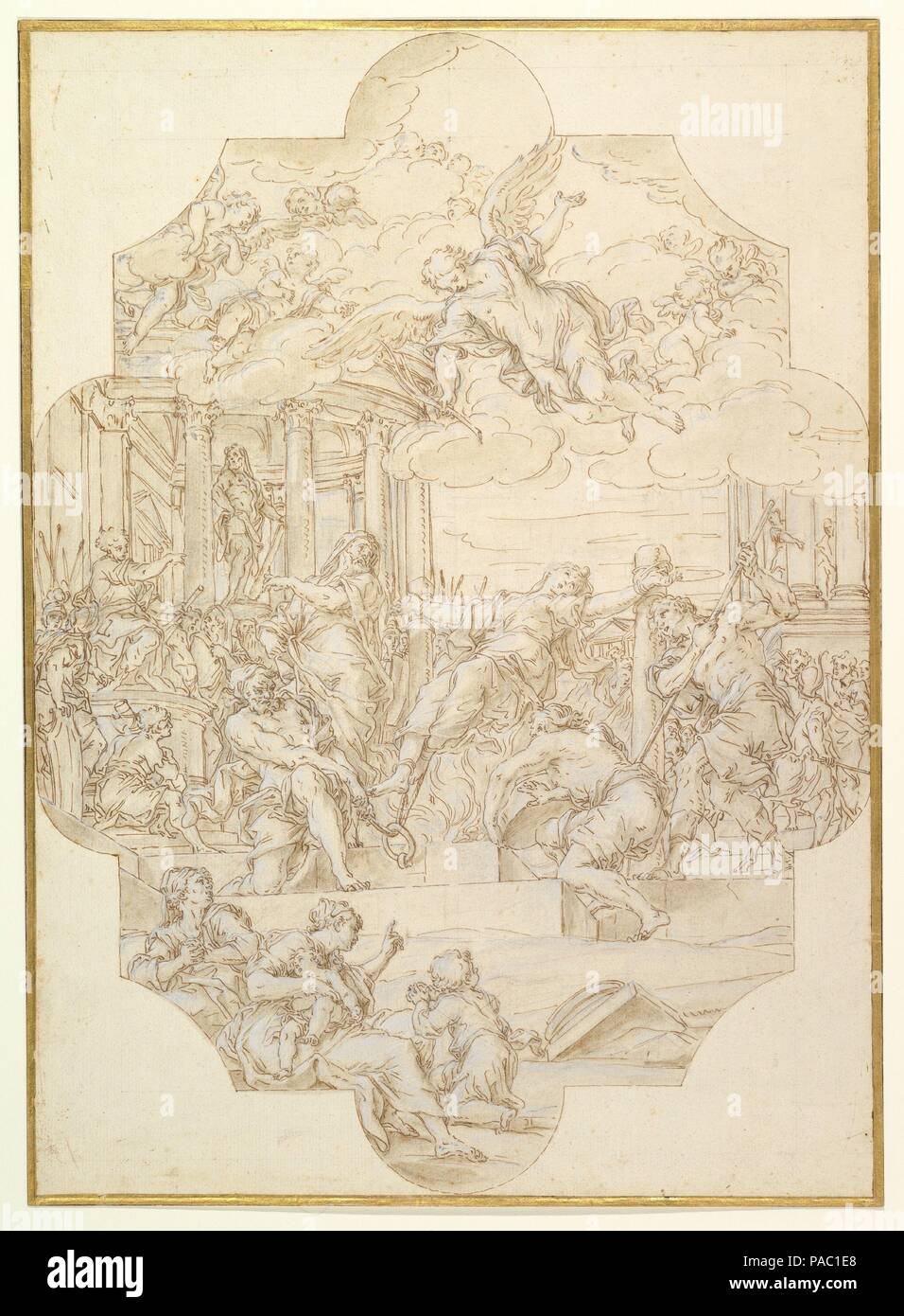 Il Martirio di Santa Anastasia. Artista: Michelangelo Cerruti ('Il Candelottaro") (italiano, Roma Roma 1663-1748). Dimensioni: 20-15/16 x 15-1/16 in. (53,2 x 38,3 cm). Data: 1721. Robert Dance identificato questo disegno come uno studio di Cerruti per un soffitto dipinto nella navata centrale di Santa Anastasia, Roma. I contorni della forma elaboratamente campo della tela sono chiaramente stabilito nel disegno. Vi sono tuttavia differenze significative nel posizionamento di tutte le principali figure nella composizione complessa. Il Cardinale portoghese Nuno da Cunha e Ataide (1664-1750; creato 1712) era na Foto Stock