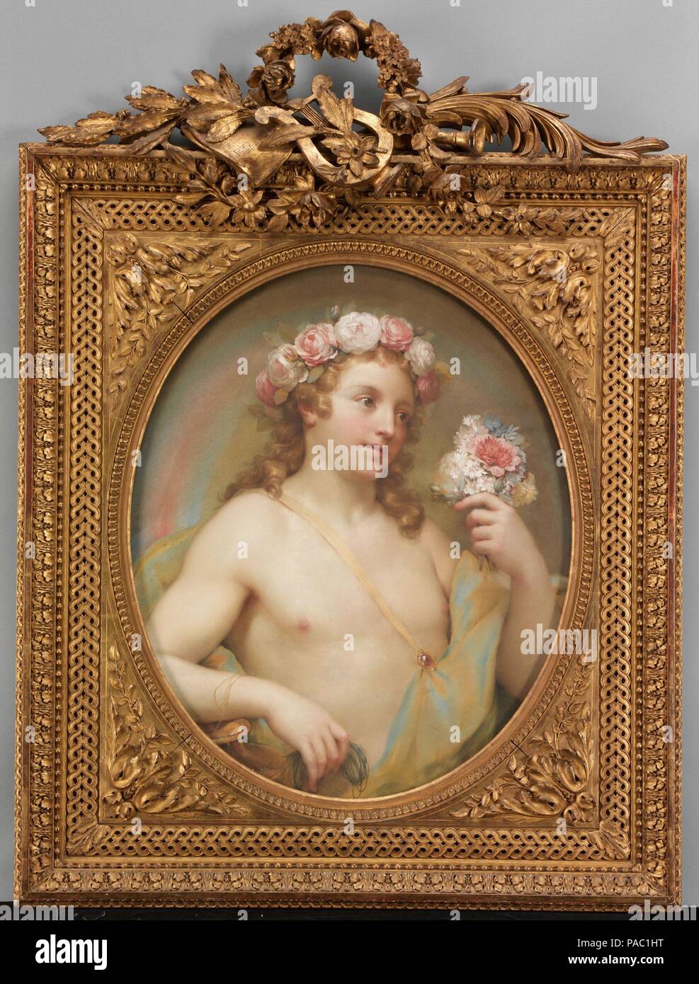 Per piacere. Artista: Anton Raphael Mengs (tedesco, Ústi nad Labem (Aussig) 1728-1779 Roma). Dimensioni: ovale, 24 3/8 x 19 1/4 in. (61,9 x 48,9 cm). Data: ca. 1754. Mengs, nato in Boemia, era per la maggior parte preparati a Roma, dove si stabilì nel 1751 e vissuto per gran parte della sua vita. I suoi contemporanei riconobbero come un abile praticante e teorico del neoclassicismo. Tra le sue opere più famose è il Parnaso massimale in cardinale Albani della villa in Roma, completato nel 1761. Durante un soggiorno a Dresda, circa 1744, vide i pastelli dall'artista Rosalba Carriera e li emulato, sviluppando una riuscita Foto Stock