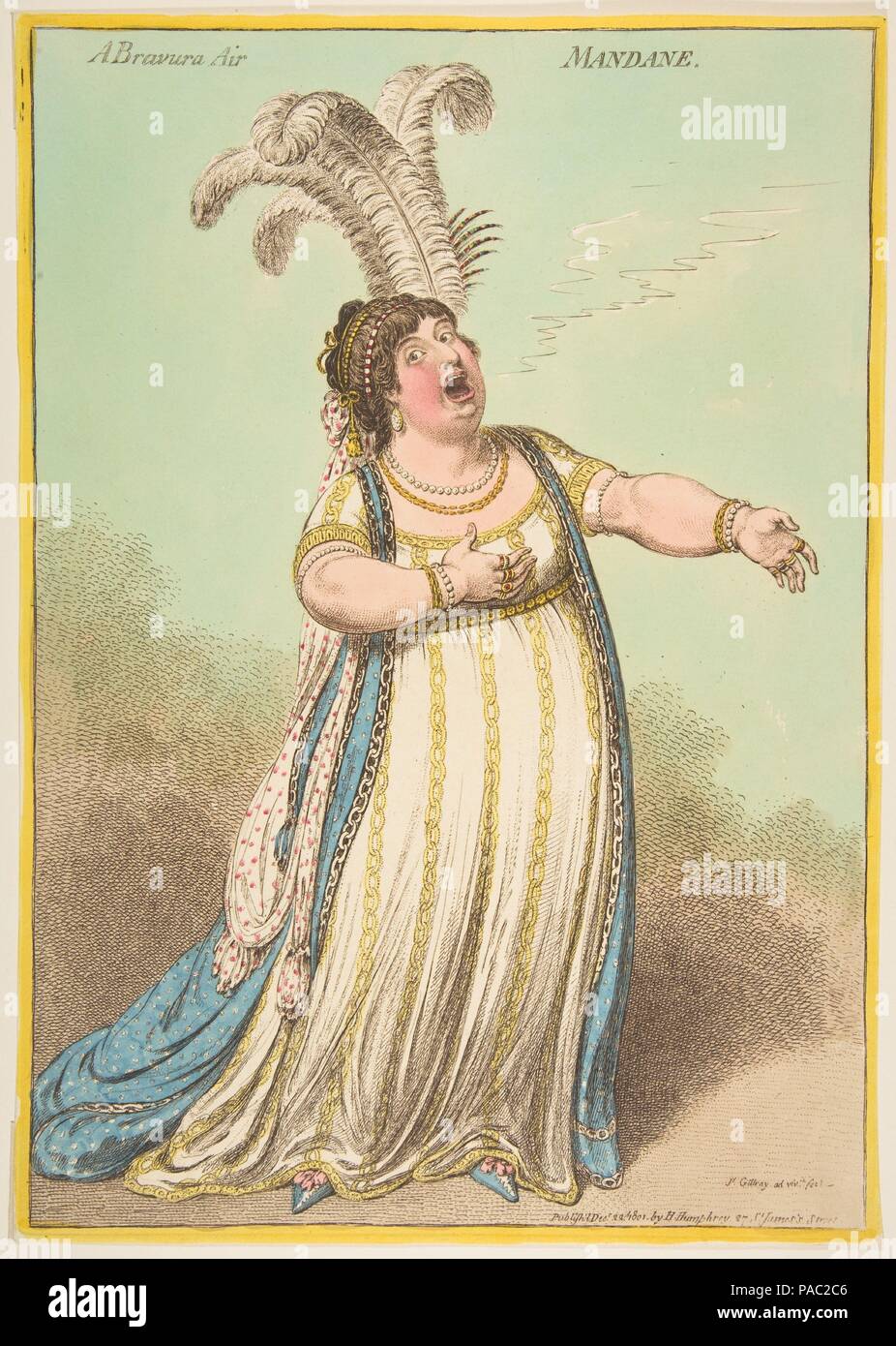 Una bravura dell'aria. Mandane. Artista: James Gillray (British, Chelsea 1756-1815 Londra). Dimensioni: foglio (rifilato alla linea di piastra): 14 3/16 x 10 in. (36 x 25,4 cm). Editore: Hannah Humphrey (Londra). Data: Dicembre 22, 1801. Museo: Metropolitan Museum of Art di New York, Stati Uniti d'America. Foto Stock
