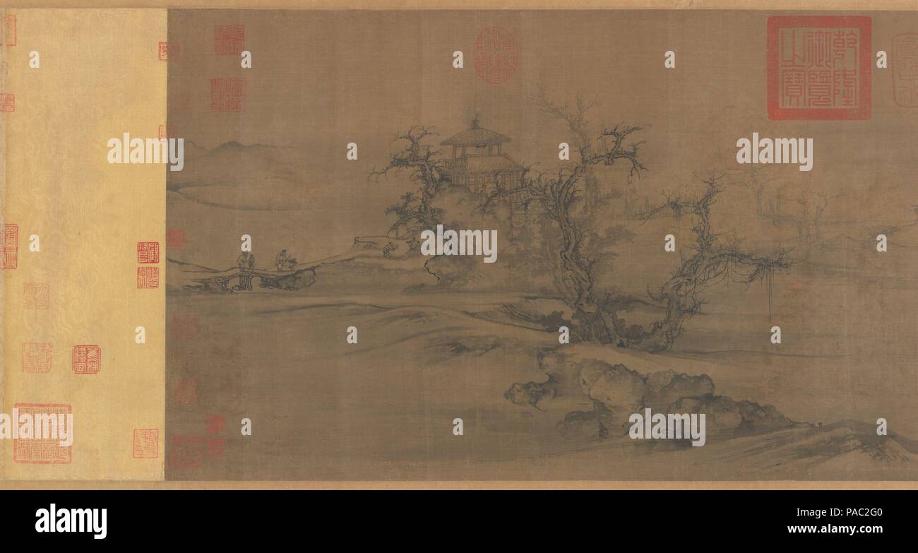 Vecchi alberi, Livello di distanza. Artista: Guo Xi (Cinese, ca. 1000-ca. 1090). Cultura: la Cina. Dimensioni: Immagine: 14 × 41 1/8 in. (35,6 × 104,4 cm) complessivamente con il montaggio: 14 3/4 in. × 28 ft. 1/8 in. (37,5 × 853.8 cm.). Data: ca. 1080. Guo Xi, il paesaggio preminente pittore della fine del secolo XI, ha cercato di dare forma a immagini poetiche e di emozioni e che era particolarmente interessato a convogliare le sfumature delle stagioni e momenti del giorno. Vecchi alberi, distanza di livello,una variazione sul classico "livello-distanza " formula di alti alberi di primo piano insieme contro una vasta valle del fiume, è probabilmente un fine lavoro Foto Stock