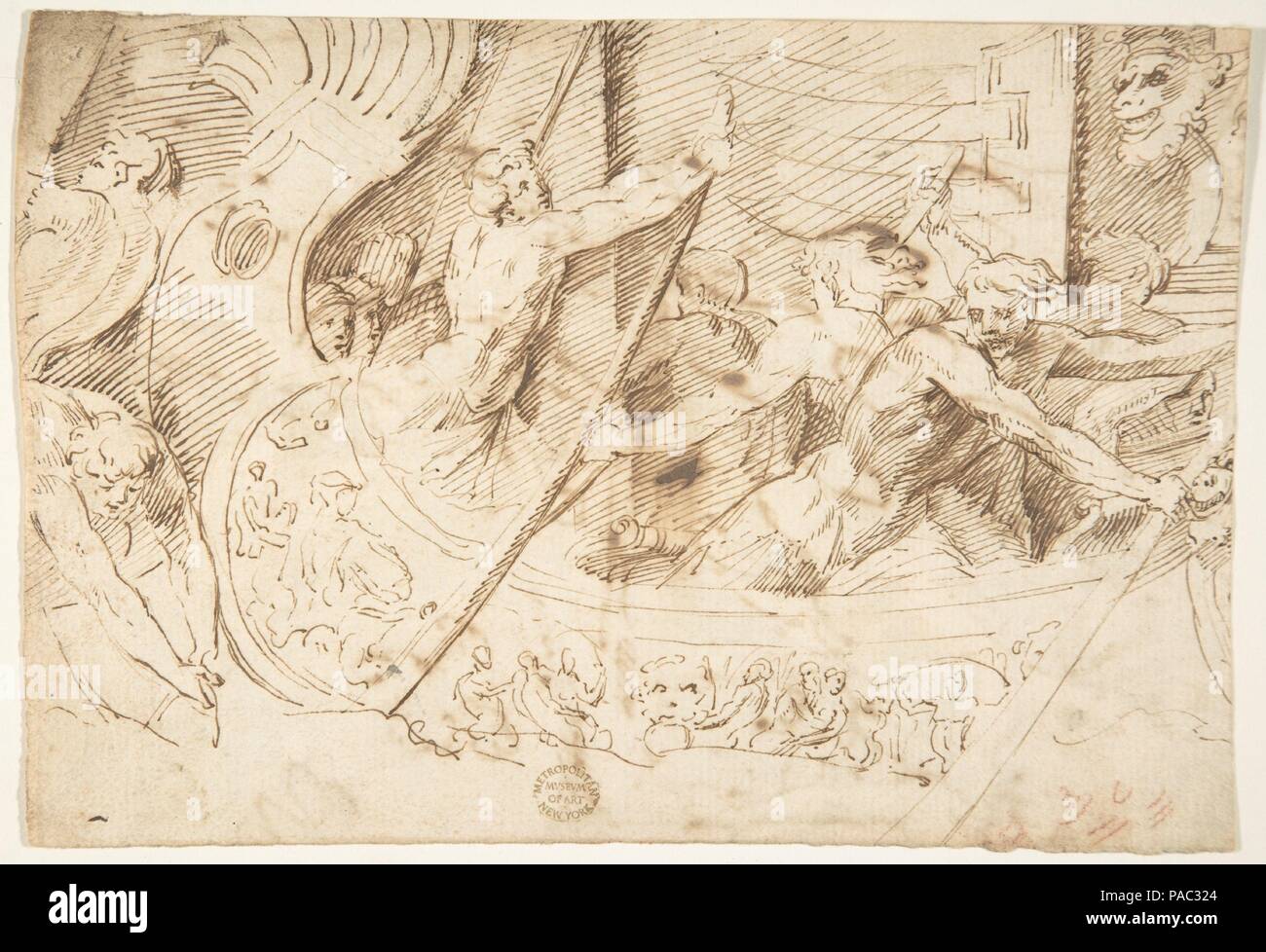 Battaglia Navale (Recto); foresta con Angelo (verso). Artista: Anonimo, italiano del XVI secolo (italiano, attivo centro Italia, ca. 1550-1580); dopo Polidoro da Caravaggio (italiano, Caravaggio ca. 1499-ca. 1543 Messina) - Palazzo Gaddi. Dimensioni: 5-5/8 x 8-1/4 in. (14,3 x 21,0 cm). Data: XVI secolo. Museo: Metropolitan Museum of Art di New York, Stati Uniti d'America. Foto Stock