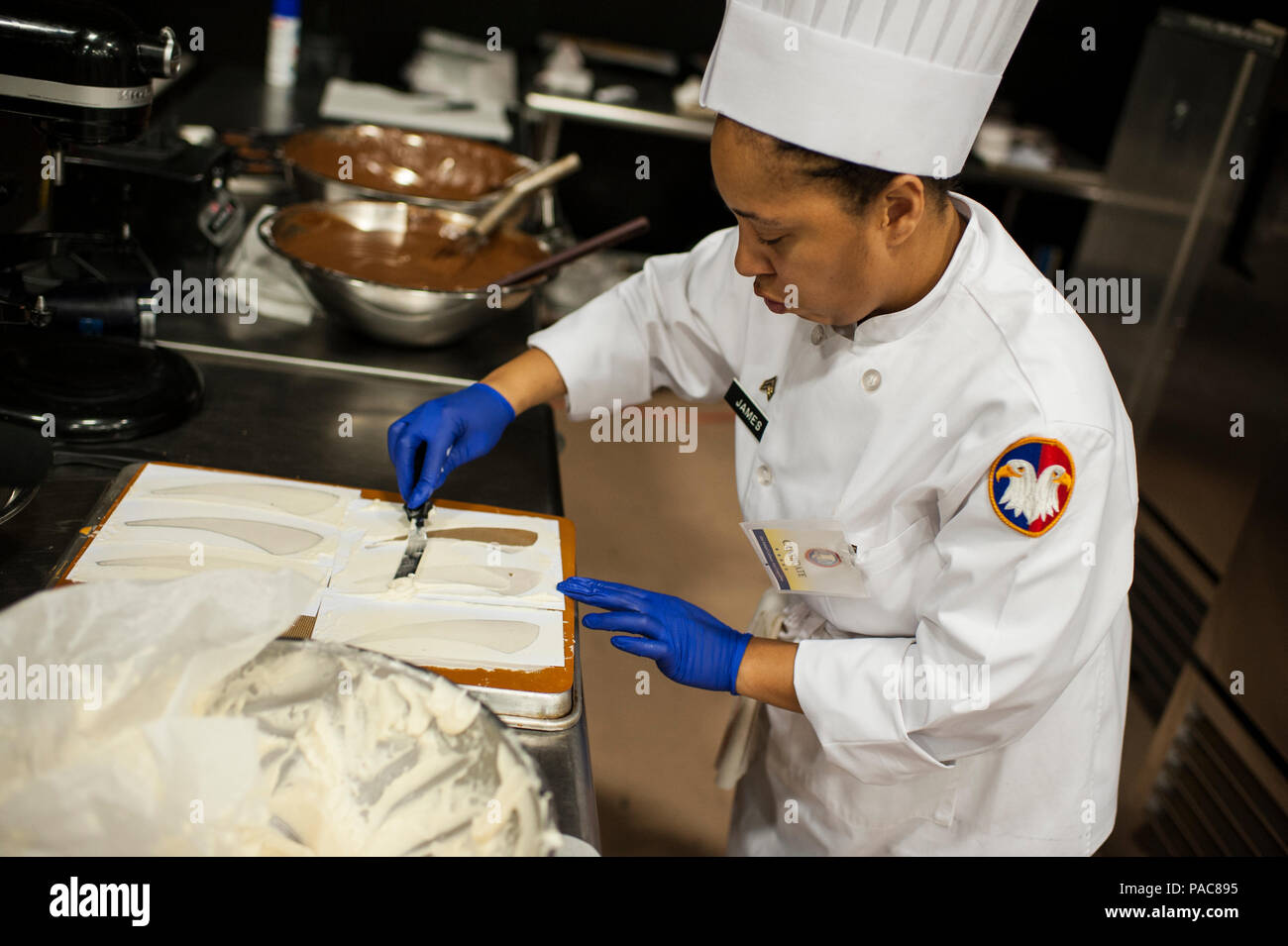 Stati Uniti La riserva di esercito di Arti Culinarie membro del Team Sgt. Aqueelah James, lavora sul suo dessert durante il militare cibo caldo cucina categoria presso la quarantunesima militare annuale delle arti culinarie competitivi eventi di formazione, Marzo 10, 2016 a Fort Lee, Va. Il team preparato arrosto di Golden e Borgogna Insalata di barbabietole, Coq au Vin Nuevo (pollo brasato al vino rosso), e lava fusa torta lavorando su un mobile da cucina per rimorchio 45 ospiti pranzo. (U.S. Foto dell'esercito da Timothy L. Hale/rilasciato) Foto Stock