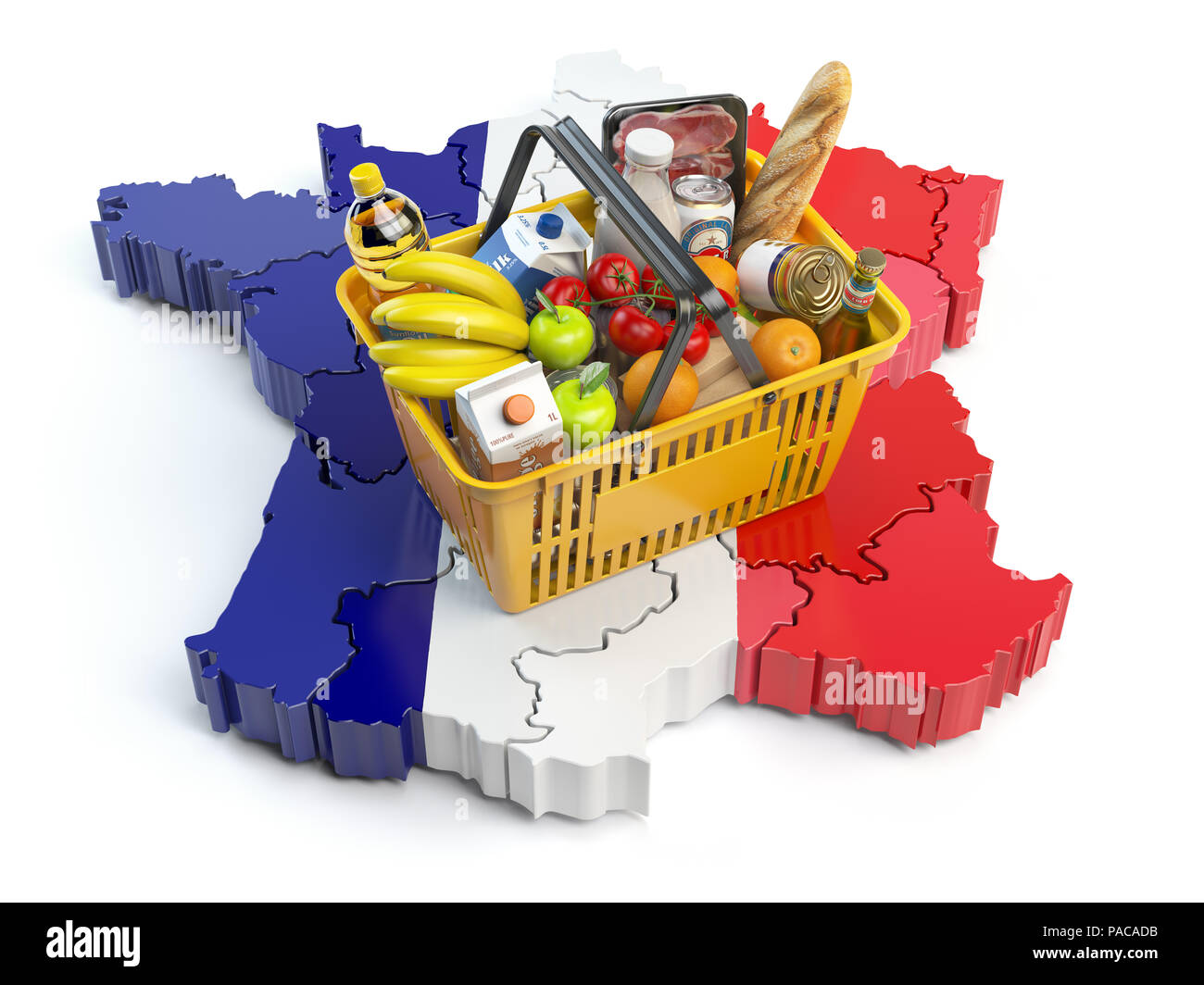 Cestello di mercato o indice dei prezzi al consumo in Francia. Carrello con cibi sulla mappa della Francia. 3d illustrazione Foto Stock