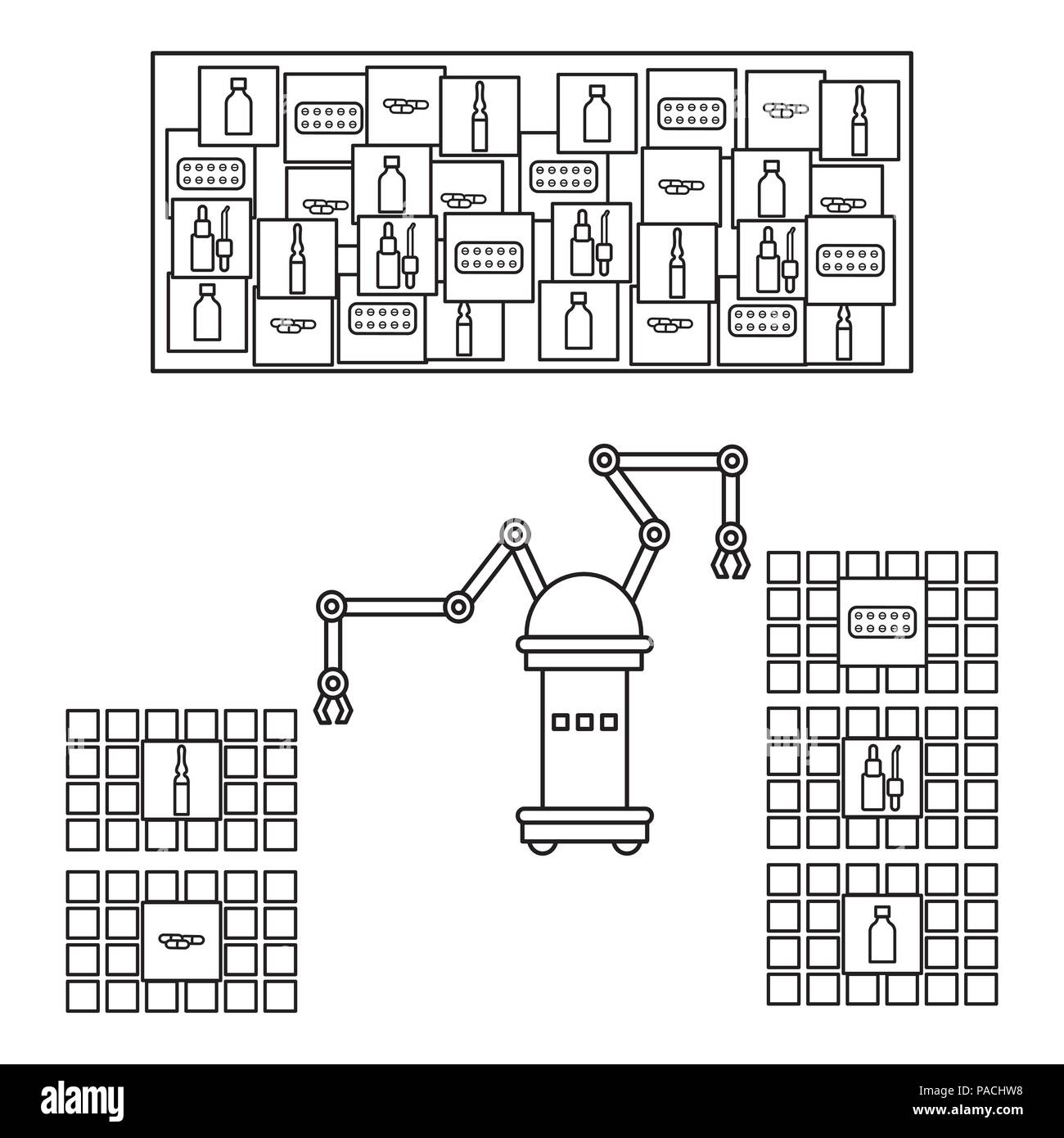 Automatica intelligente smistamento robotico di farmaci. La sostituzione delle persone con meccanismi robotici. Sviluppo di intelligenza artificiale. Illustrazione Vettoriale