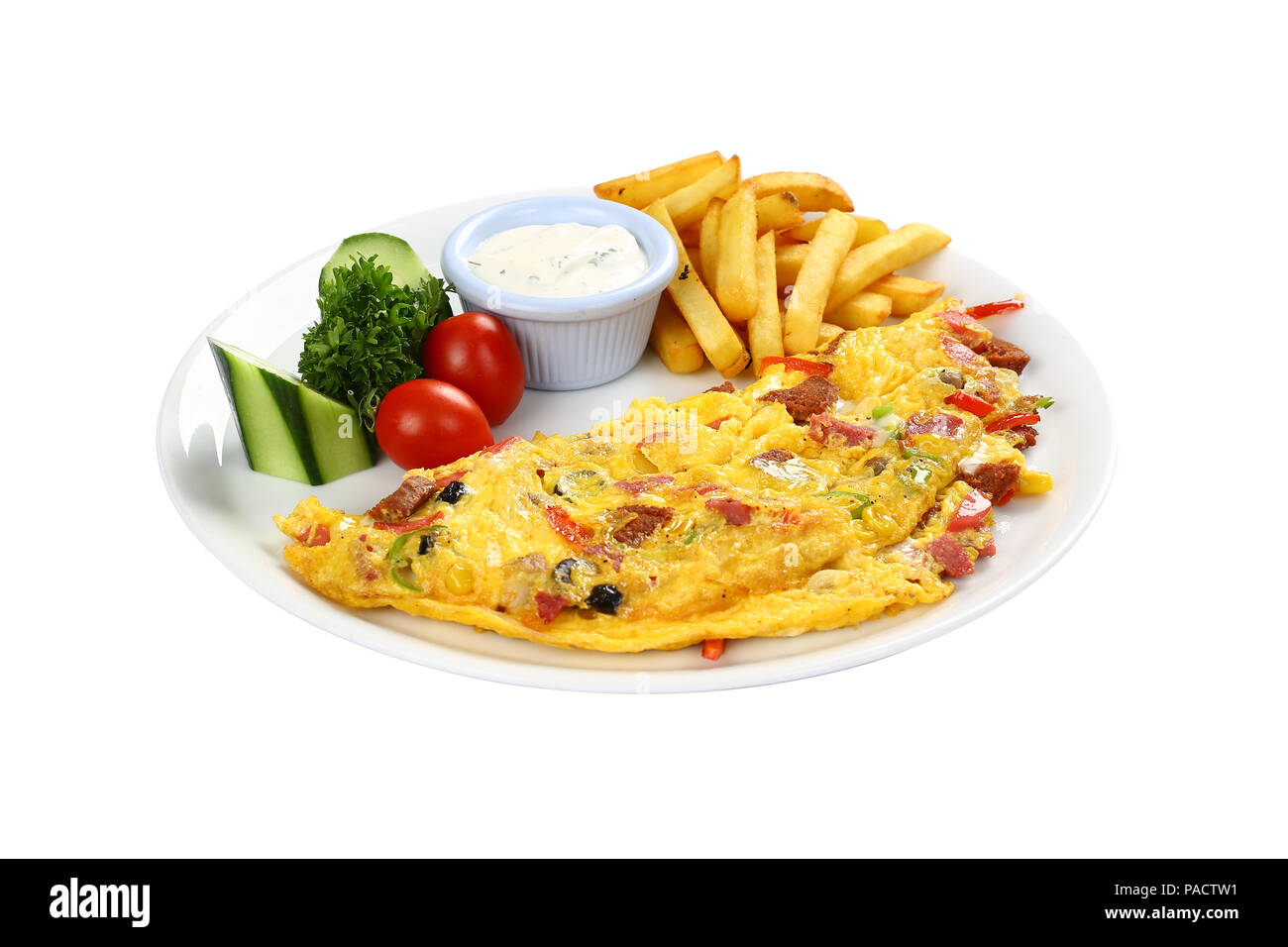 La colazione frittata con patate fritte e guarnire Foto Stock