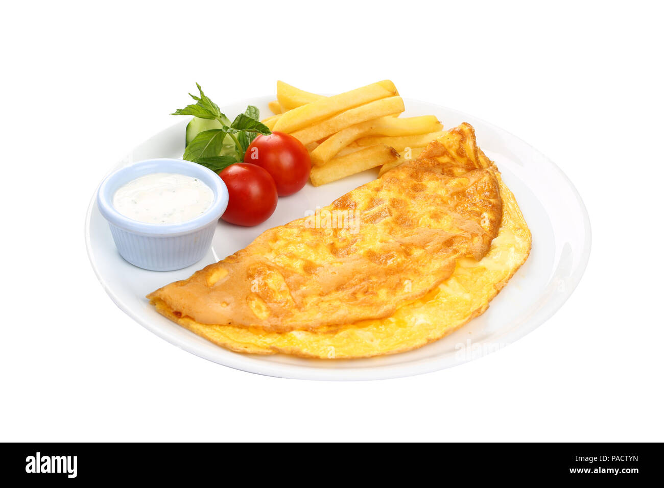 La colazione frittata con patate fritte e guarnire Foto Stock