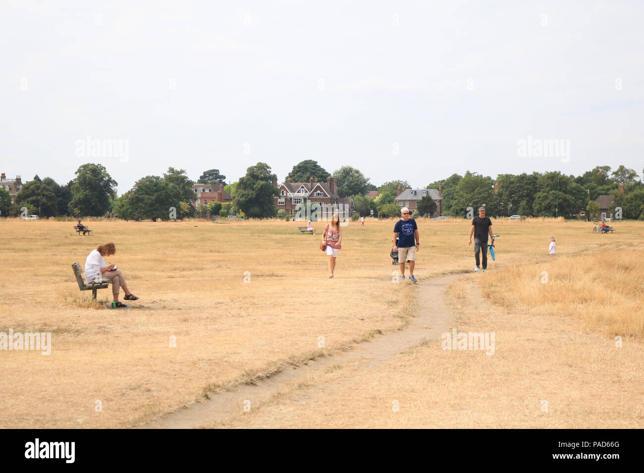 Londra REGNO UNITO. Il 22 luglio 2018 . La gente a piedi sul bruciato erba secca su Wimbledon Common a Londra, causata da un prolungato canicola estiva e il periodo secco in gran parte del sud dell'Inghilterra. Credito: amer ghazzal/Alamy Live News Foto Stock