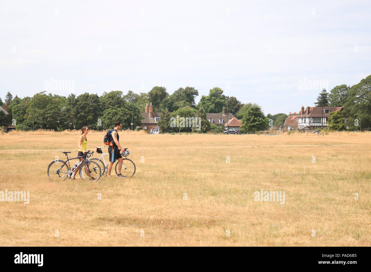 Londra REGNO UNITO. Il 22 luglio 2018 . La gente a piedi sul bruciato erba secca su Wimbledon Common a Londra, causata da un prolungato canicola estiva e il periodo secco in gran parte del sud dell'Inghilterra. Credito: amer ghazzal/Alamy Live News Foto Stock