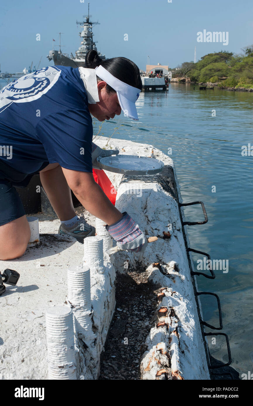 160330-N-YW024-162 PEARL HARBOR (30 marzo 2016) Capo specialista culinaria Rosalyn Escala vernici USS Vestal Memorial presso Ford Island, Base comune Harbor-Hickam perla (JBPHH). Le relazioni con la comunità è stata un evento parte del 2016 Chief Petty Officer (CPO) Compleanno di settimana a JBPHH, evidenziando la 123compleanno della Marina Capo. Gli avvenimenti di quest'anno metterà insieme il mare e la riva Chiefs Messes conducendo le relazioni tra comunità progetti, eventi sportivi e incontri sociali di tutta l'isola di Oahu. (U.S. Foto di Marina di Massa lo specialista di comunicazione di terza classe Katarzyna Kobiljak/rilasciato) Foto Stock