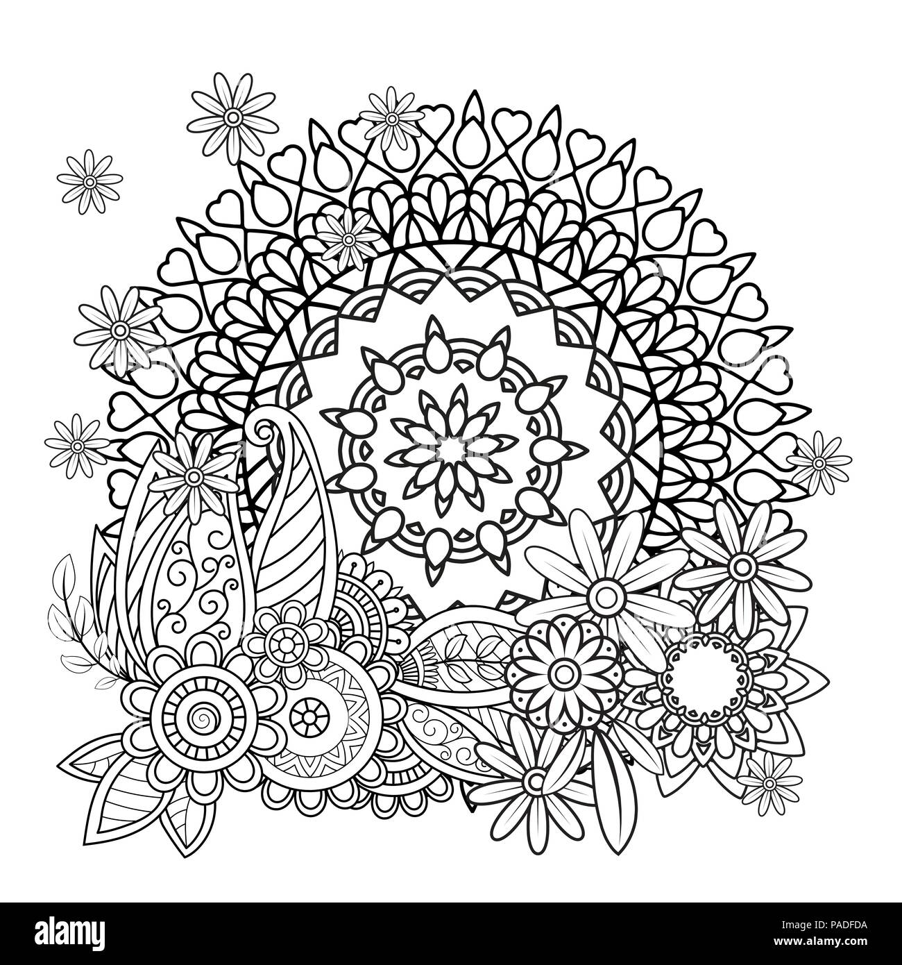 Mandala Floreali Pattern In Bianco E Nero Adulto Libro Da Colorare Pagina Con I Fiori E I Mandala Modello Di Orientali Vintage Di Elementi Decorativi Disegnato A Mano Illustrazione Vettoriale Immagine