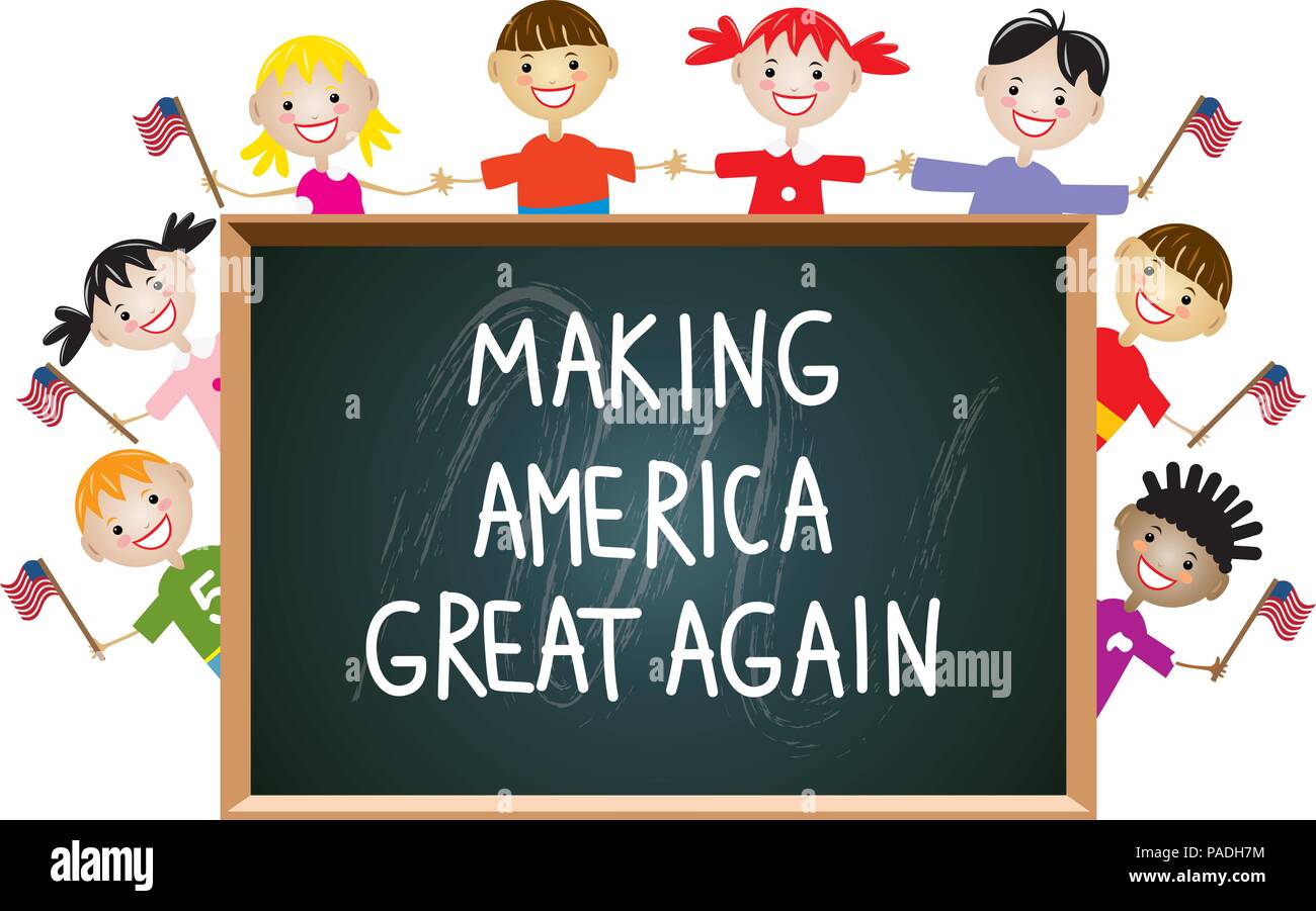 Illustrazione vettoriale con fare dell America grande ancora parole scritte su una lavagna di scuola e felici i ragazzi americani intorno ad esso. american patriotic edu Illustrazione Vettoriale