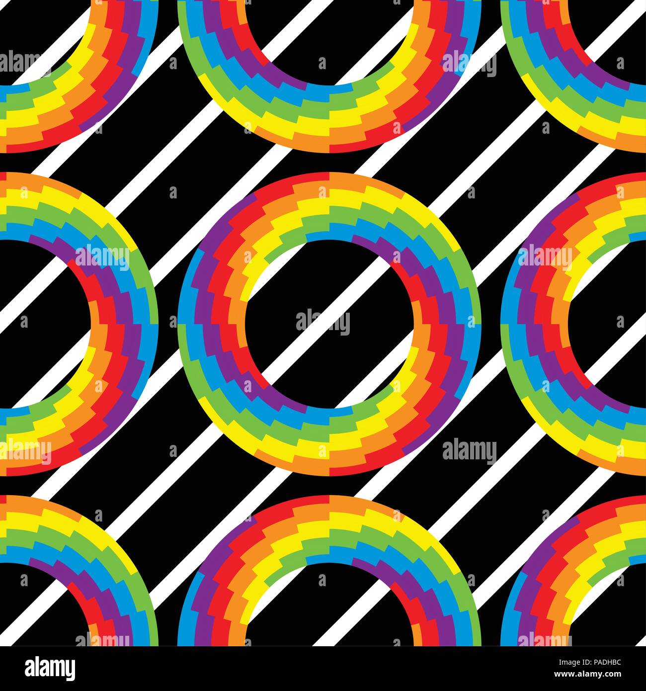 Vector pattern senza soluzione di continuità di colorati rotondi cerchi ruota con luminosi colori dell'arcobaleno in bianco e nero a strisce diagonali sfondo Illustrazione Vettoriale