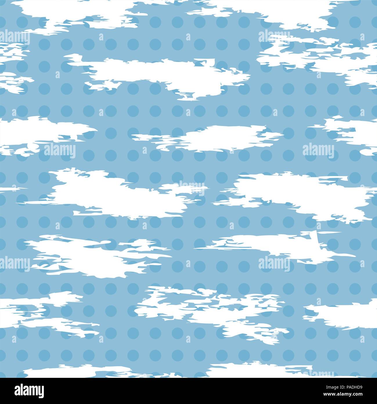 Vector seamless pattern di astratto bianco nebuloso forme blu su sfondo polkadot, ripetere i grafici tessili di nuvole nel cielo Illustrazione Vettoriale