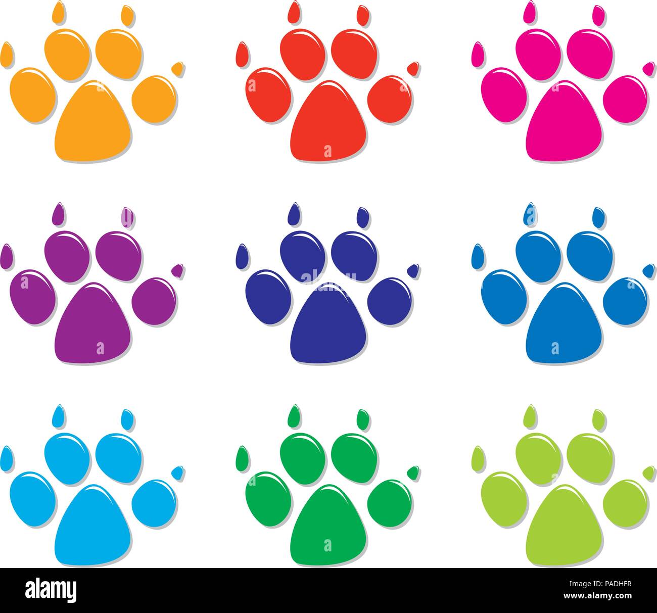 Set di vettore di coloratissimi cane al piede di stampe in stile appartamento. isolato su sfondo bianco Illustrazione Vettoriale