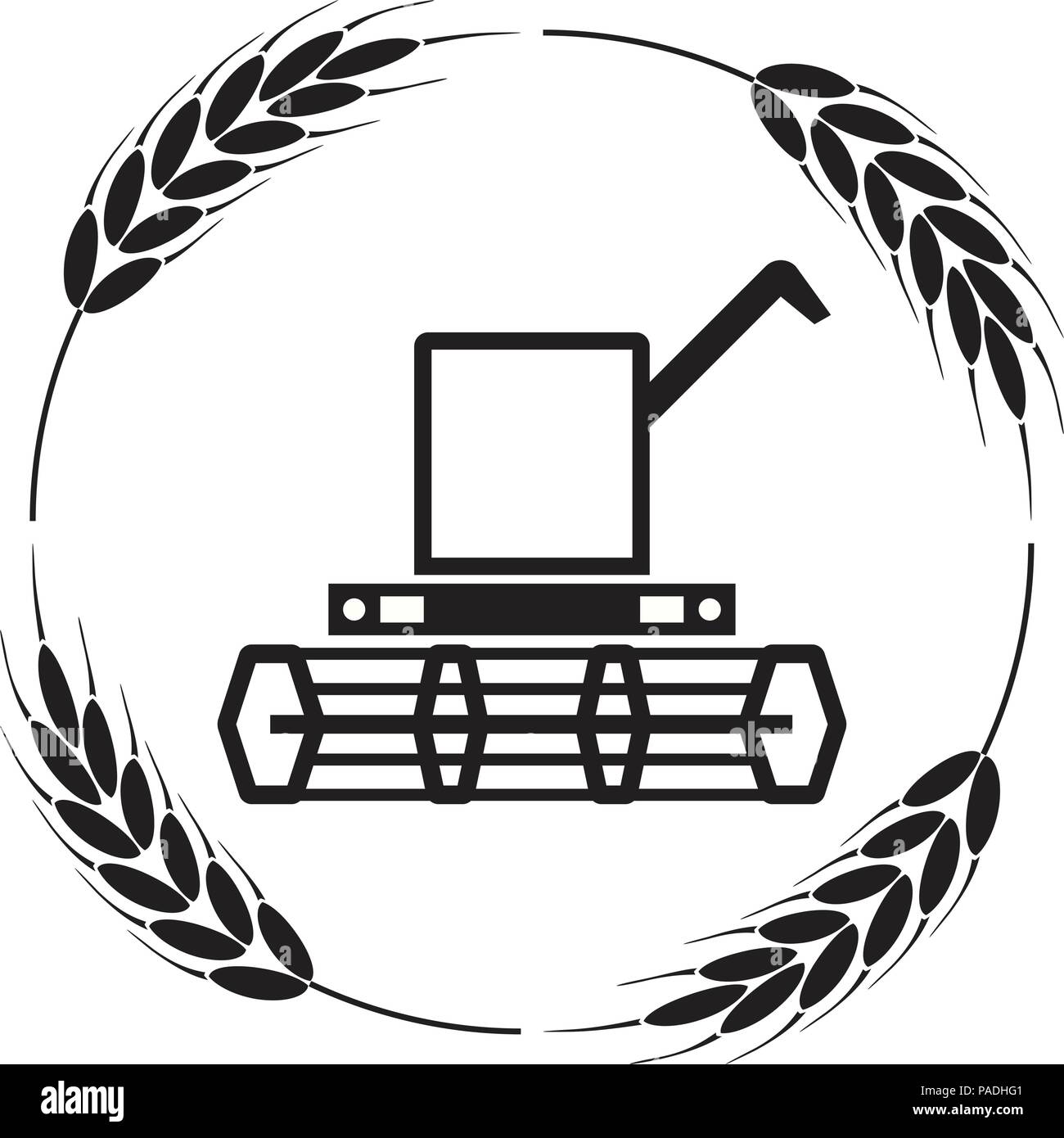 Icona del vettore di mietitrebbia e spighe di grano, in bianco e nero di sfondo agricoli, macchinari azienda industria del raccolto Illustrazione Vettoriale